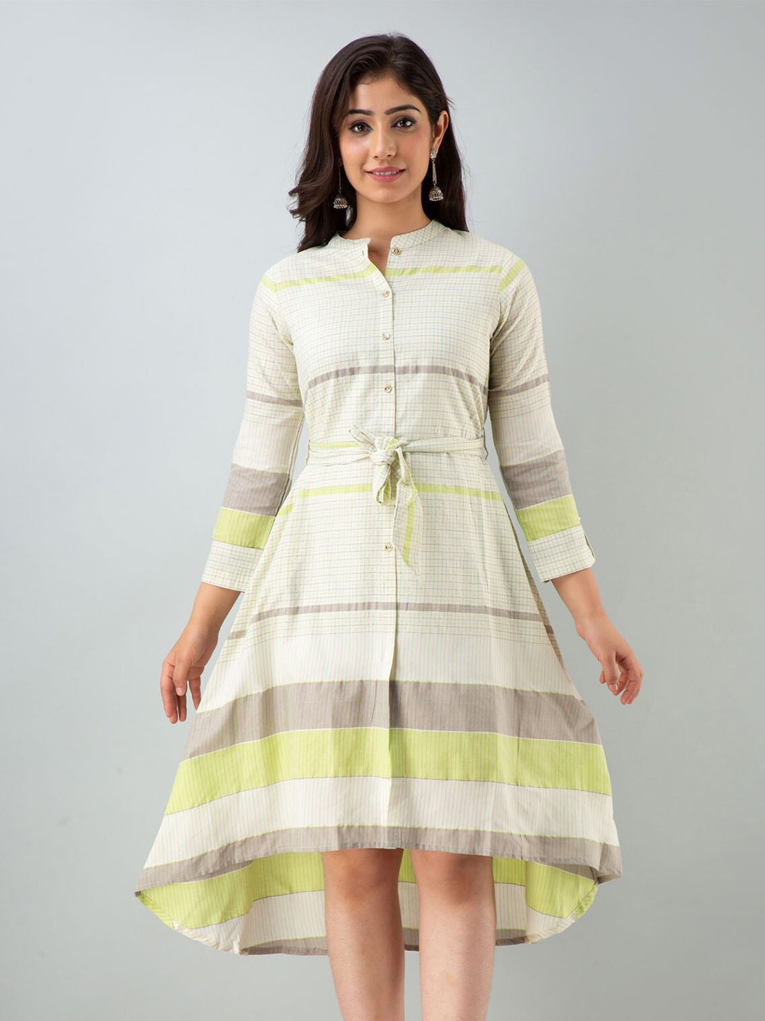 

FASHION DWAR Green Checked Midi Dress, Beige