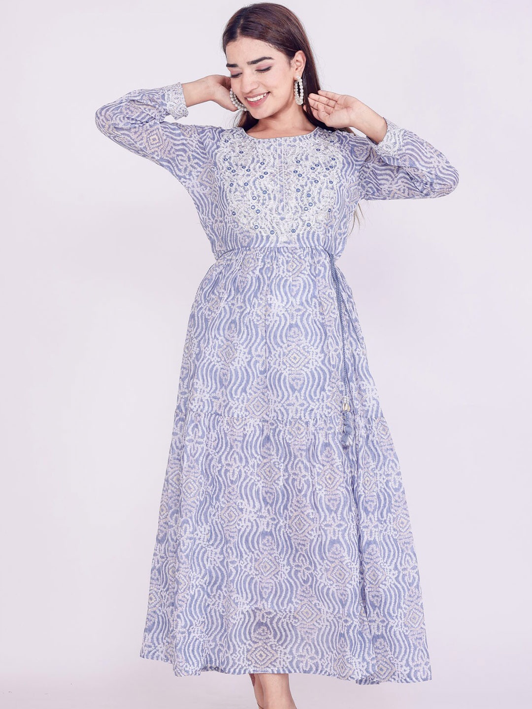 

FASHION DWAR Blue Ethnic Motifs Midi Cotton Dress