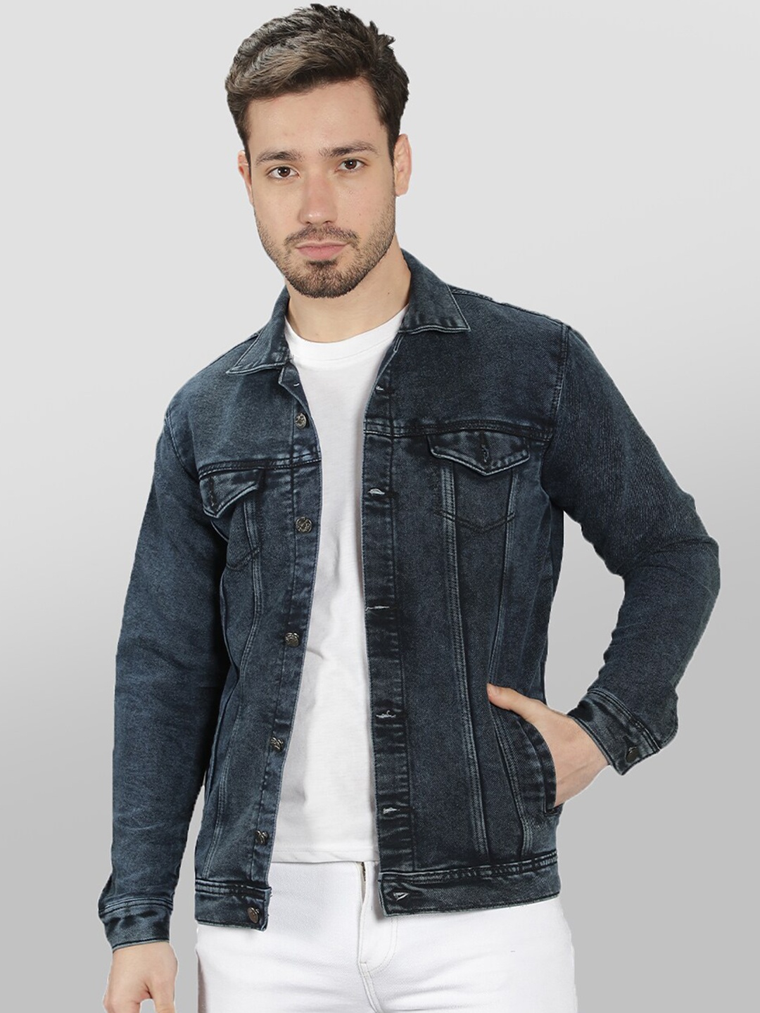 

Mad Over Print Men Blue Washed Cotton Denim Jacket