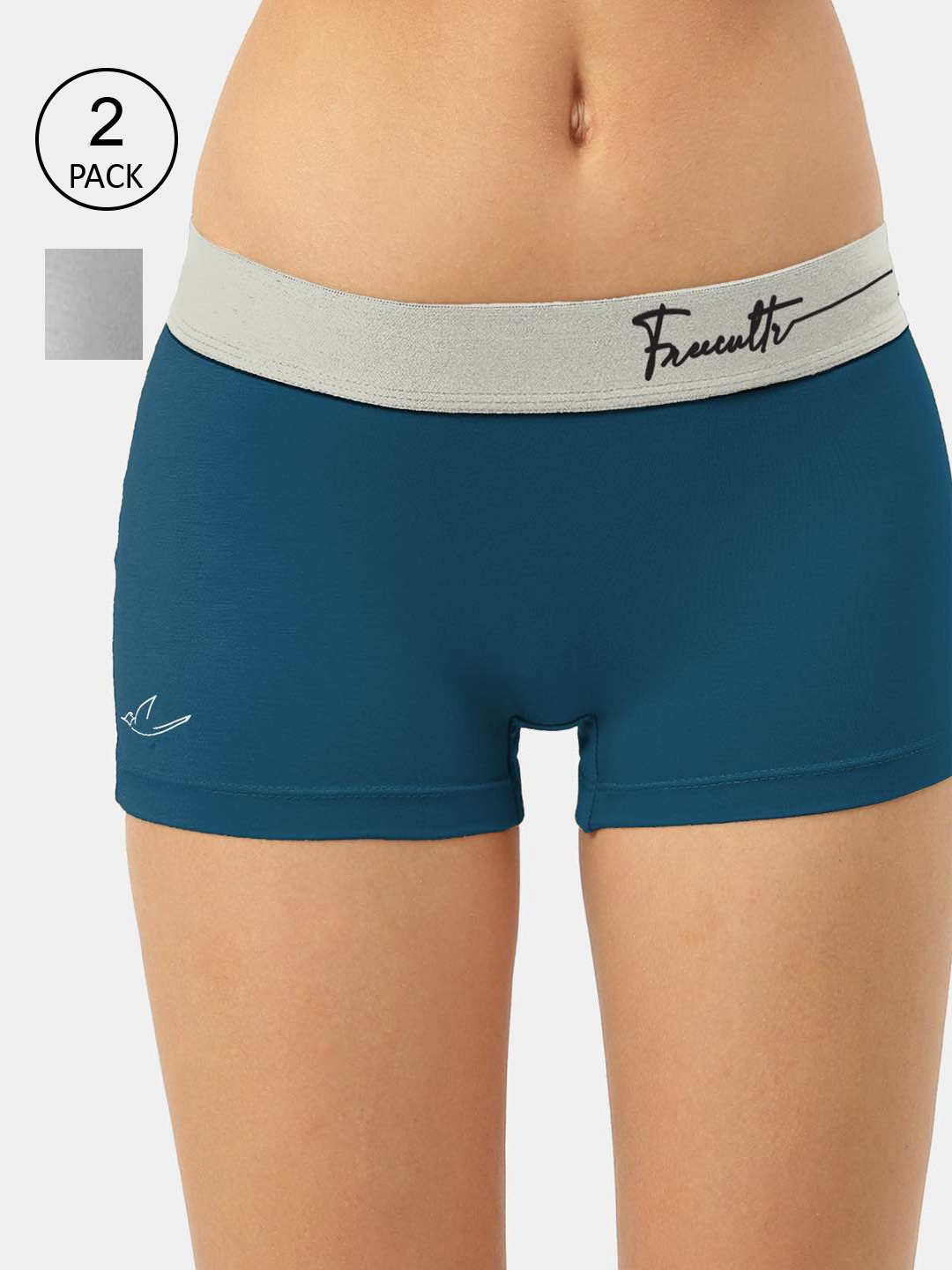 

FREECULTR Women Pack Of 2 Teal & White Solid Micromodel Boy Short Briefs, Blue
