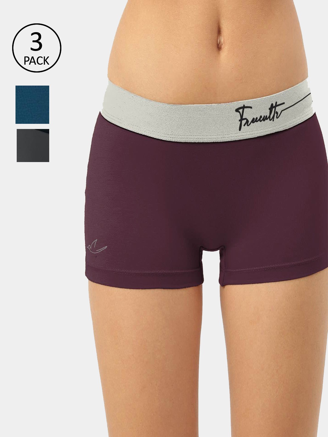 

FREECULTR Women Pack Of 3 Burgundy & Teal Solid Micromodel Boy Short Briefs