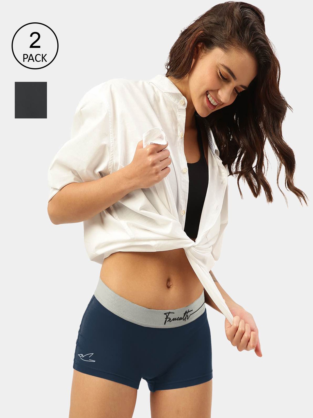 

FREECULTR Women Pack Of 2 Grey & Blue Solid Boyshort Briefs