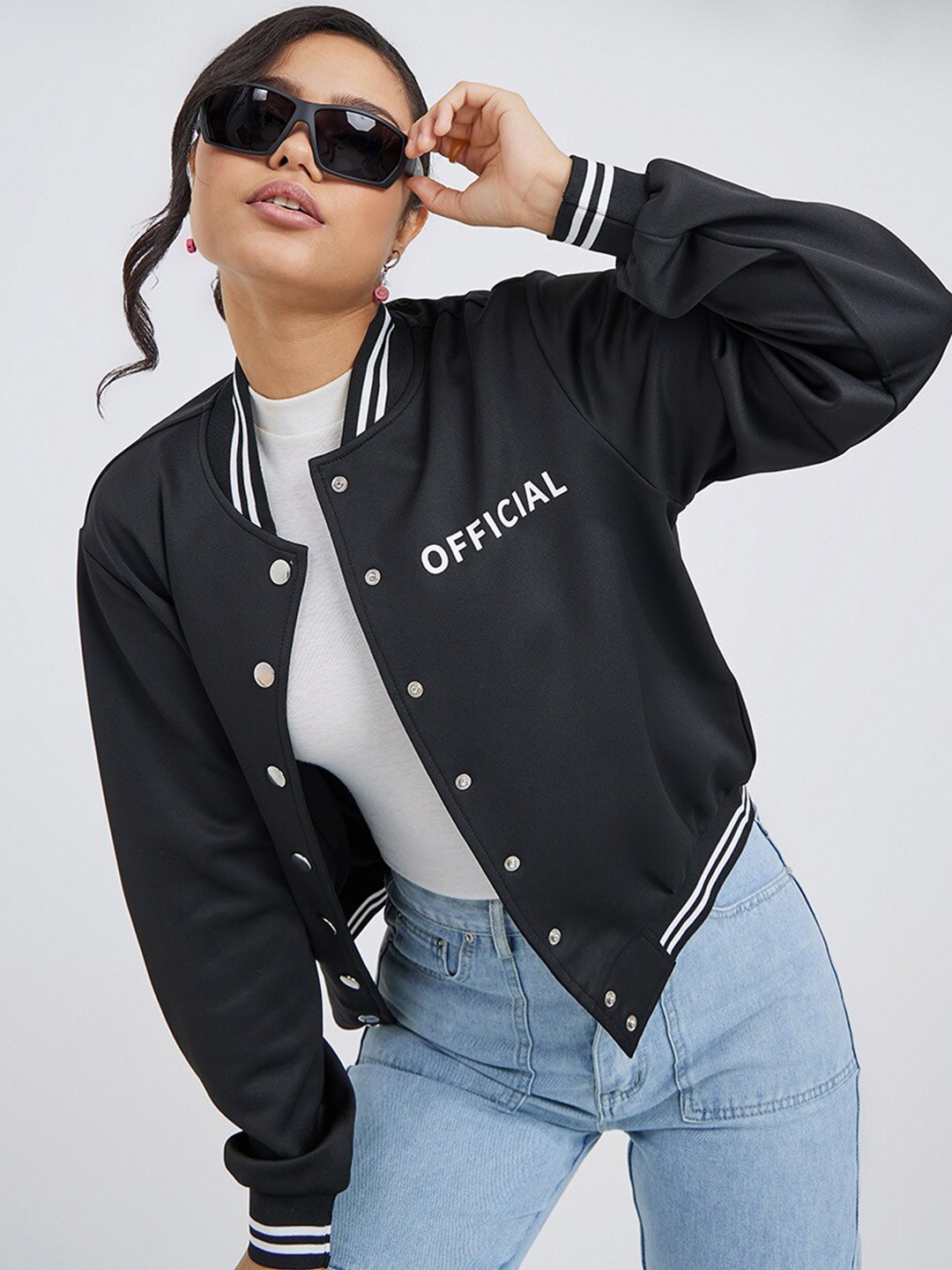 

Styli Women Black Varsity Jacket with Embroidered