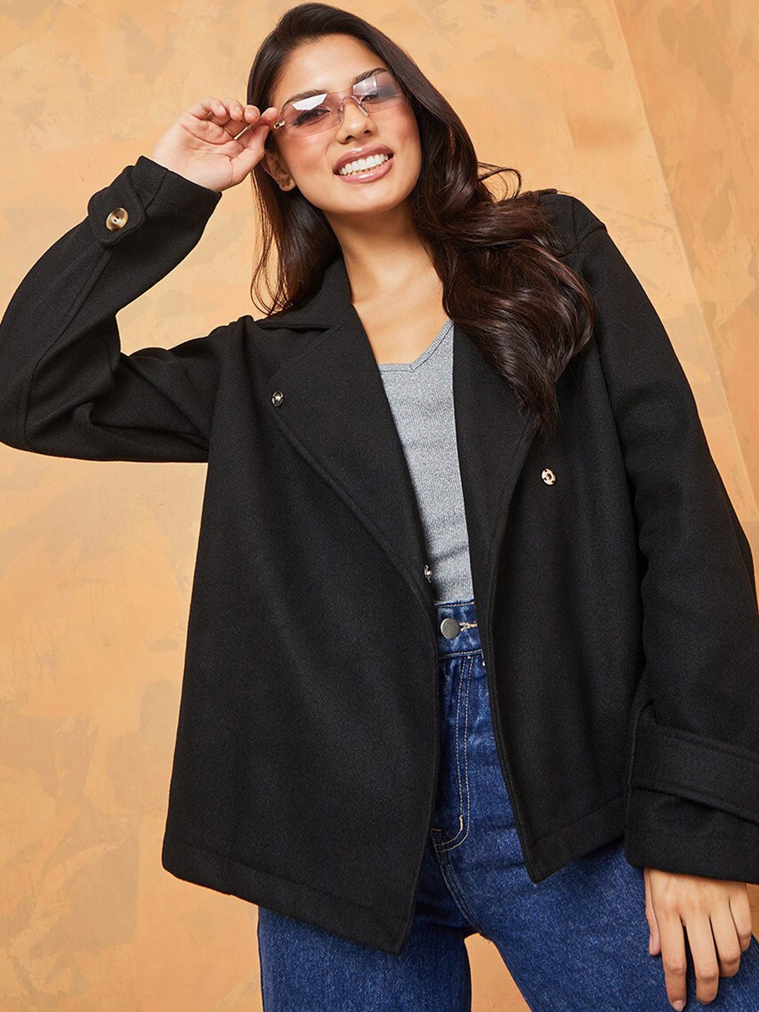 

Styli Women Black Longline Open Front Jacket