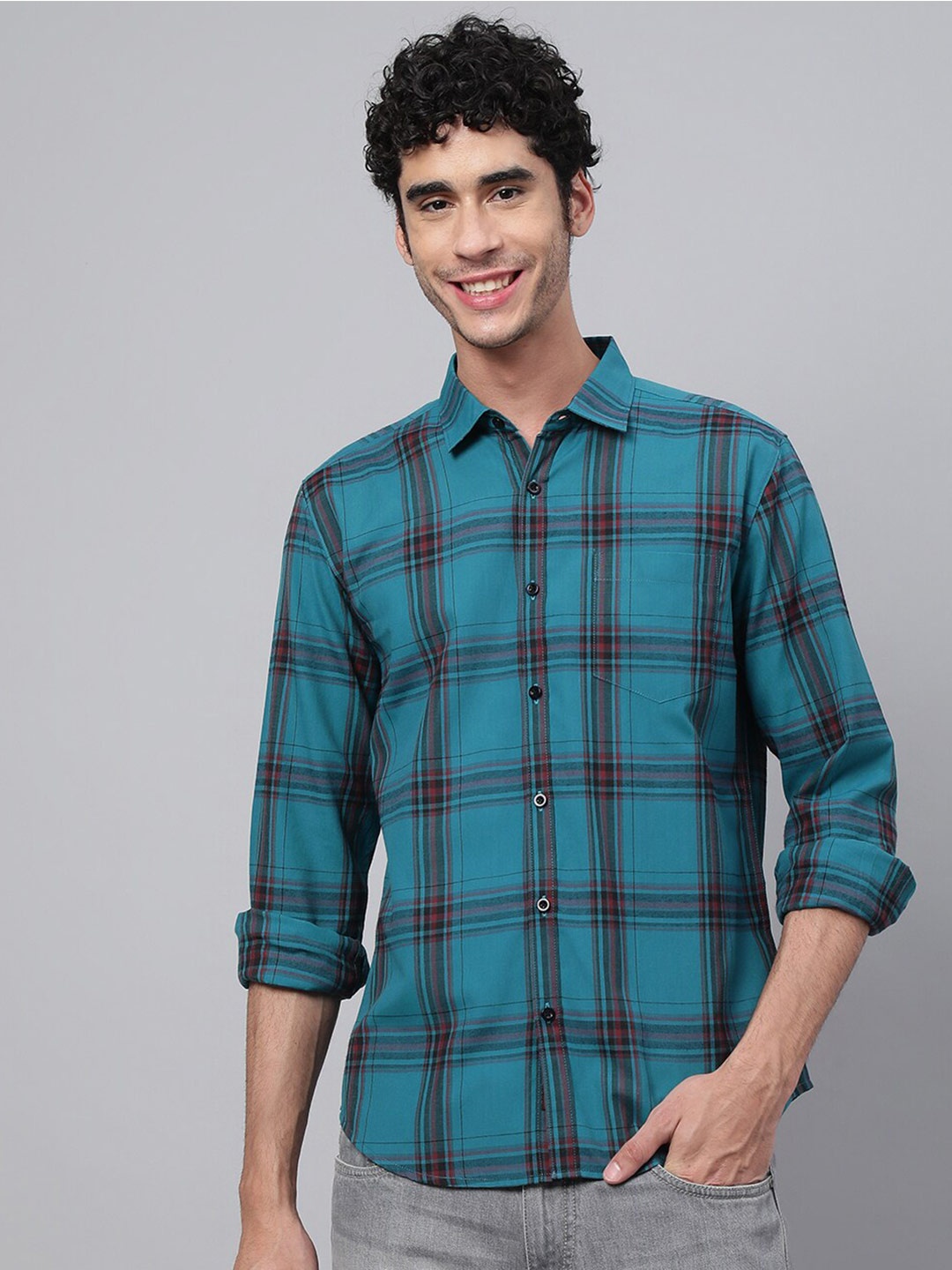 

VEIRDO Tartan Checked Casual Cotton Shirt, Blue