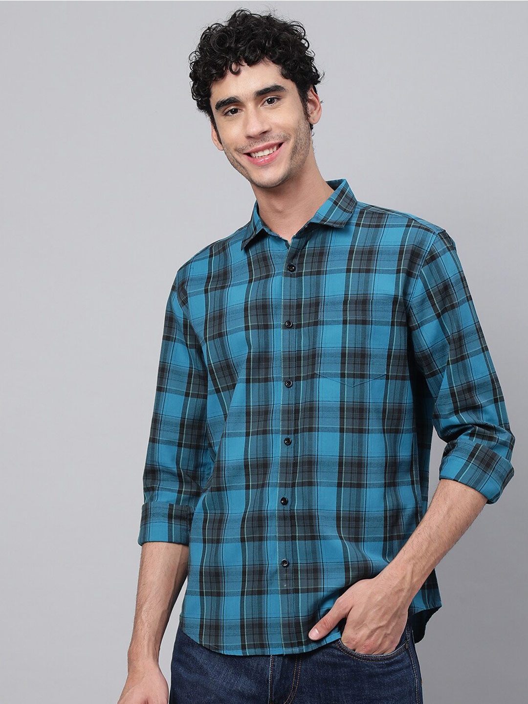 

VEIRDO Tartan Checked Casual Cotton Shirt, Blue