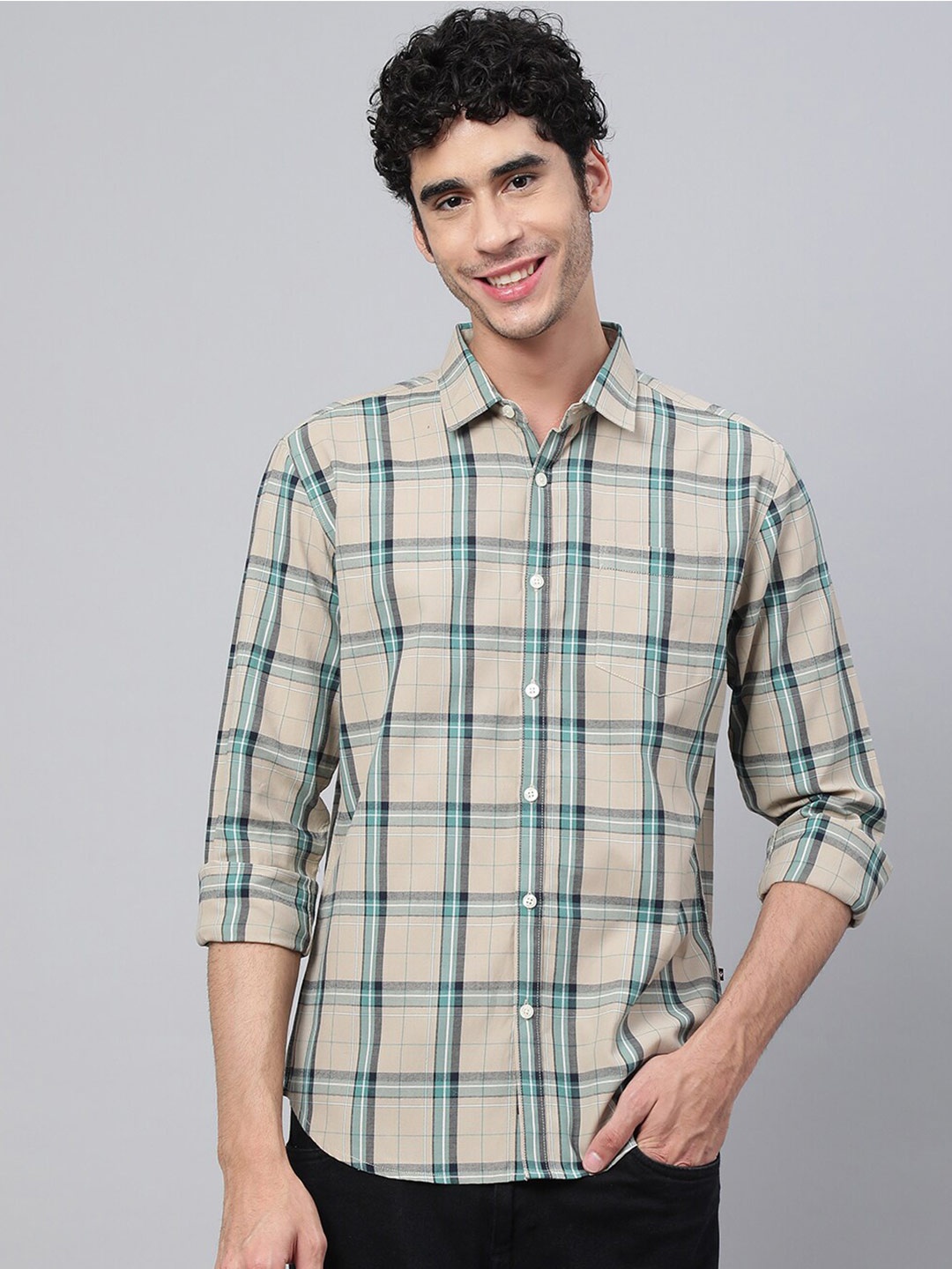 

VEIRDO Men Tartan Checked Casual Cotton Shirt, Cream