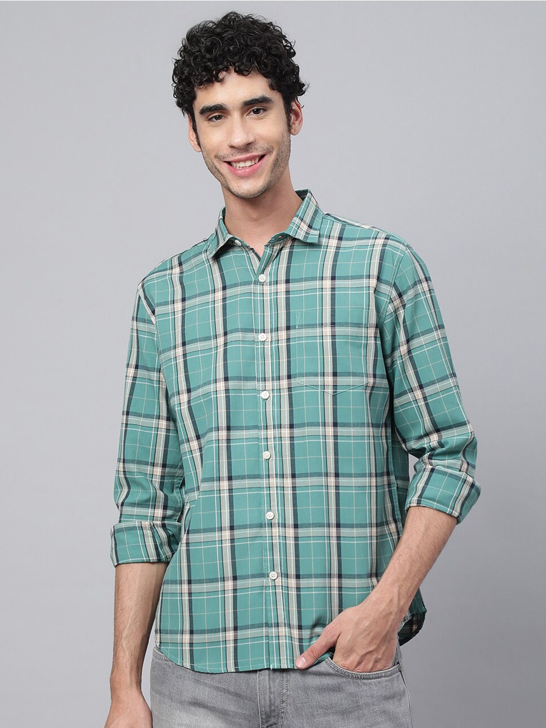 

VEIRDO Men Tartan Checked Casual Cotton Shirt, Green