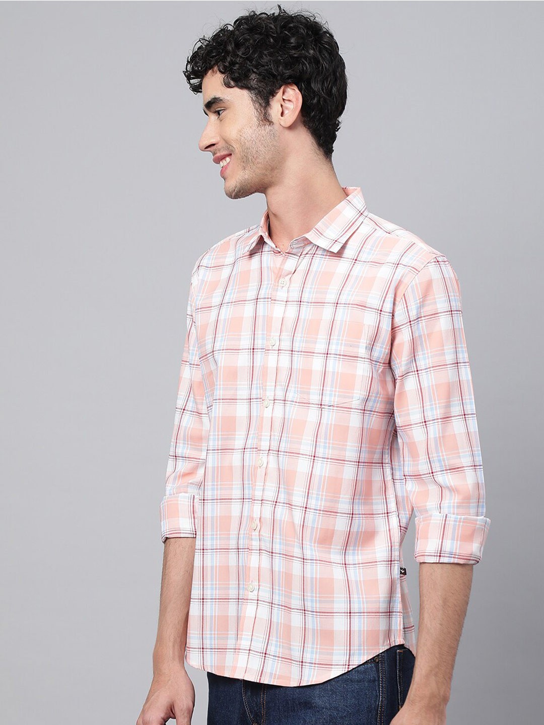 

VEIRDO Men Tartan Checked Casual Cotton Shirt, Peach