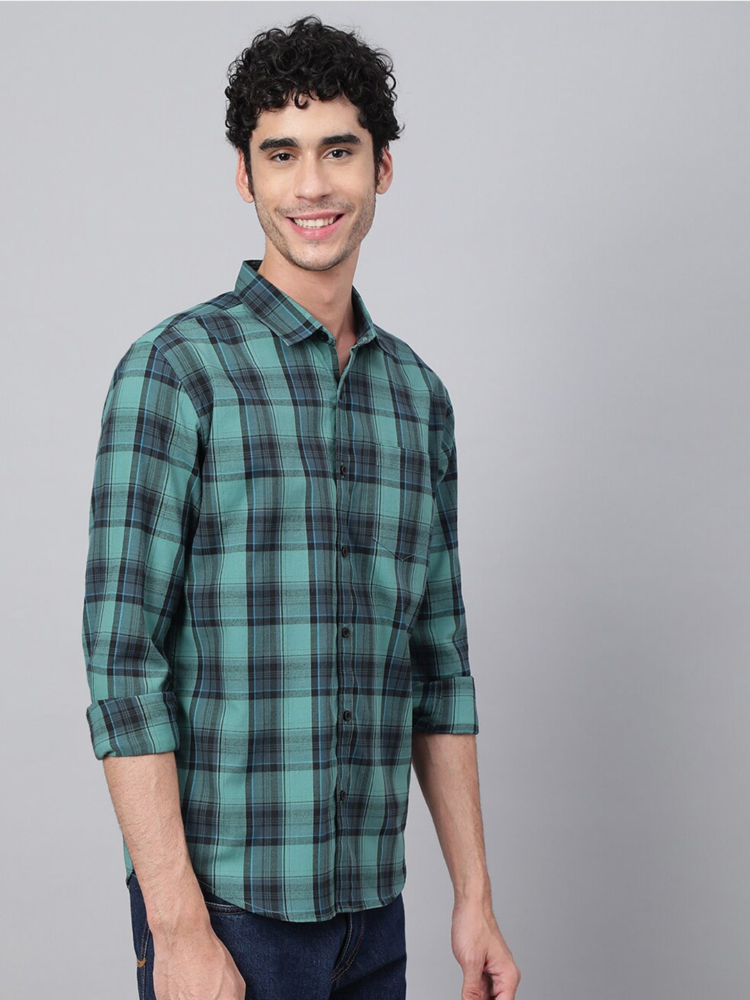 

VEIRDO Men Tartan Checked Casual Cotton Shirt, Green