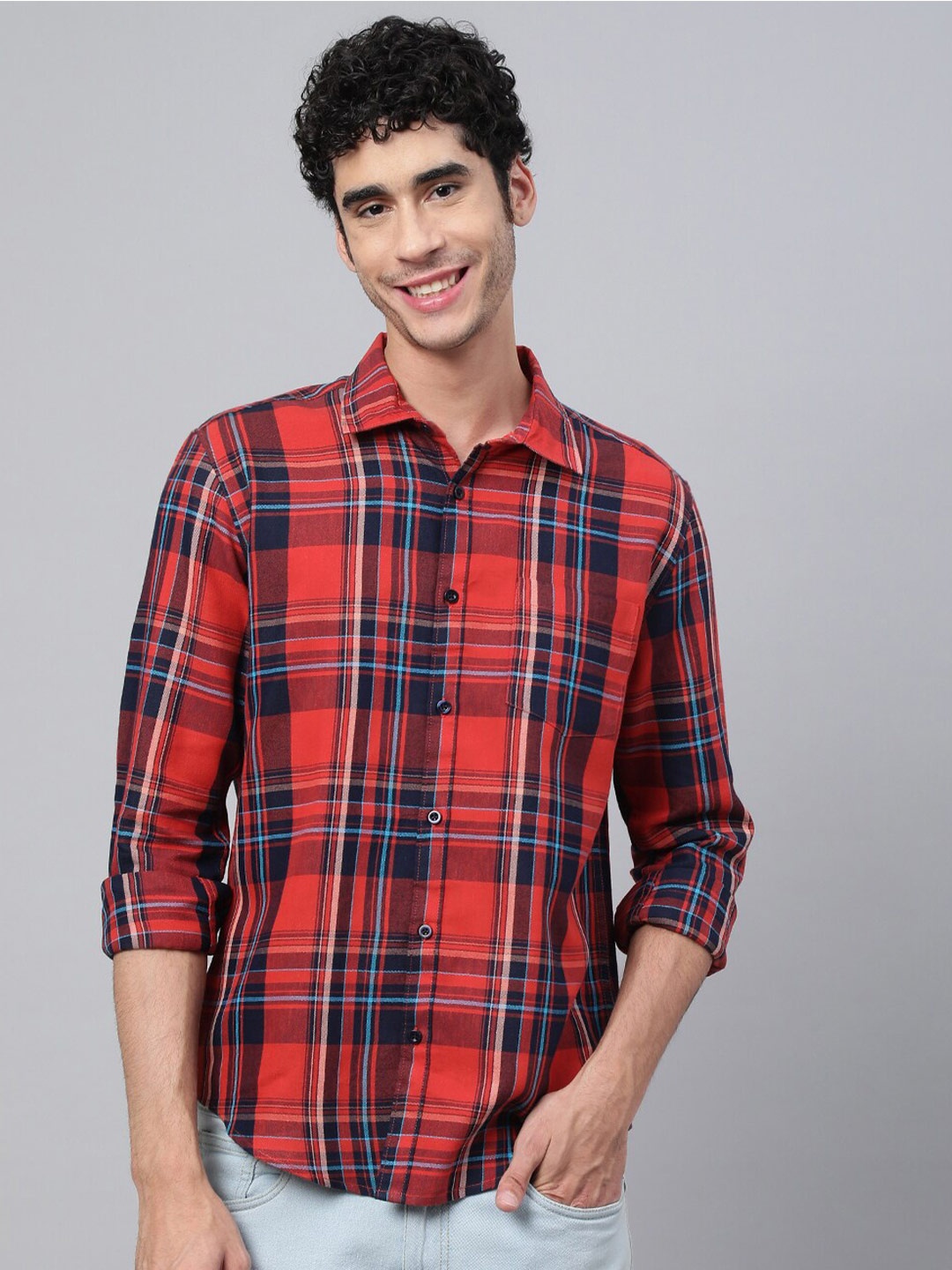 

VEIRDO Men Tartan Checked Casual Cotton Shirt, Maroon