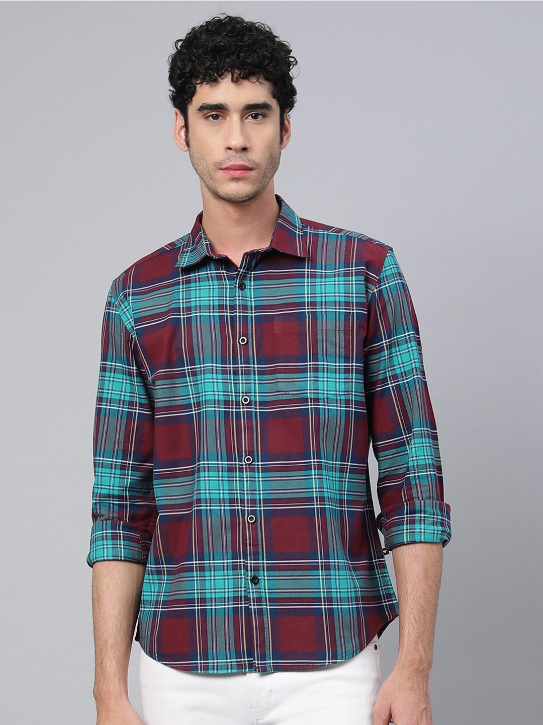 

VEIRDO Men Tartan Checked Casual Cotton Shirt, Maroon