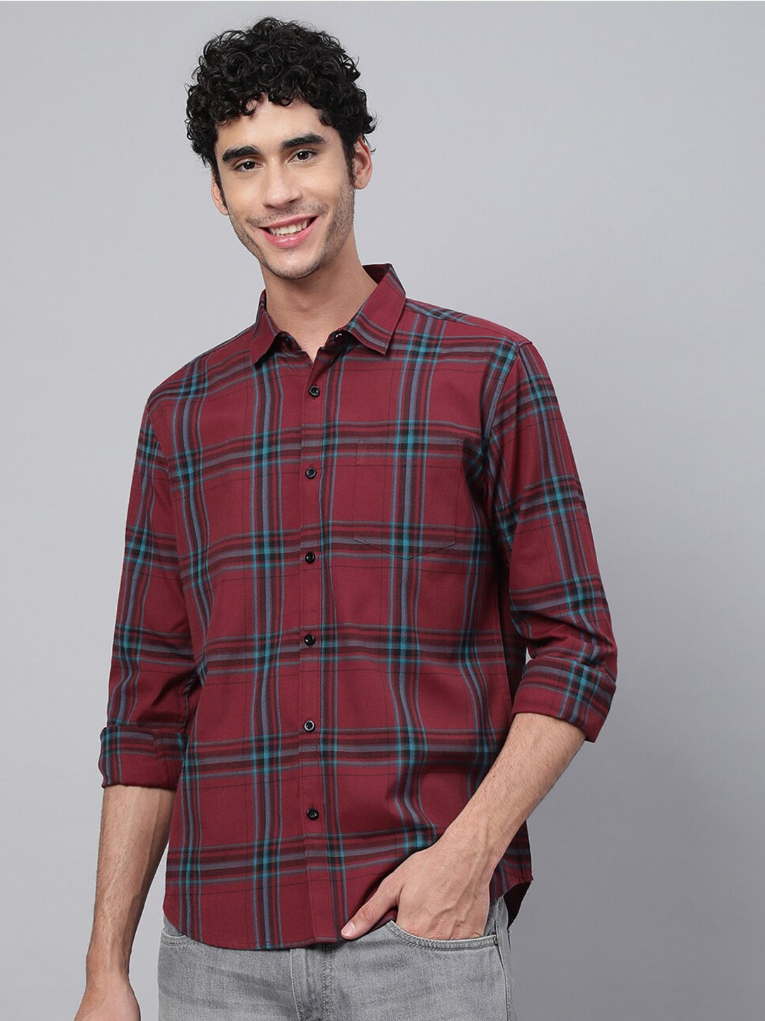 

VEIRDO Men Tartan Checked Casual Cotton Shirt, Maroon