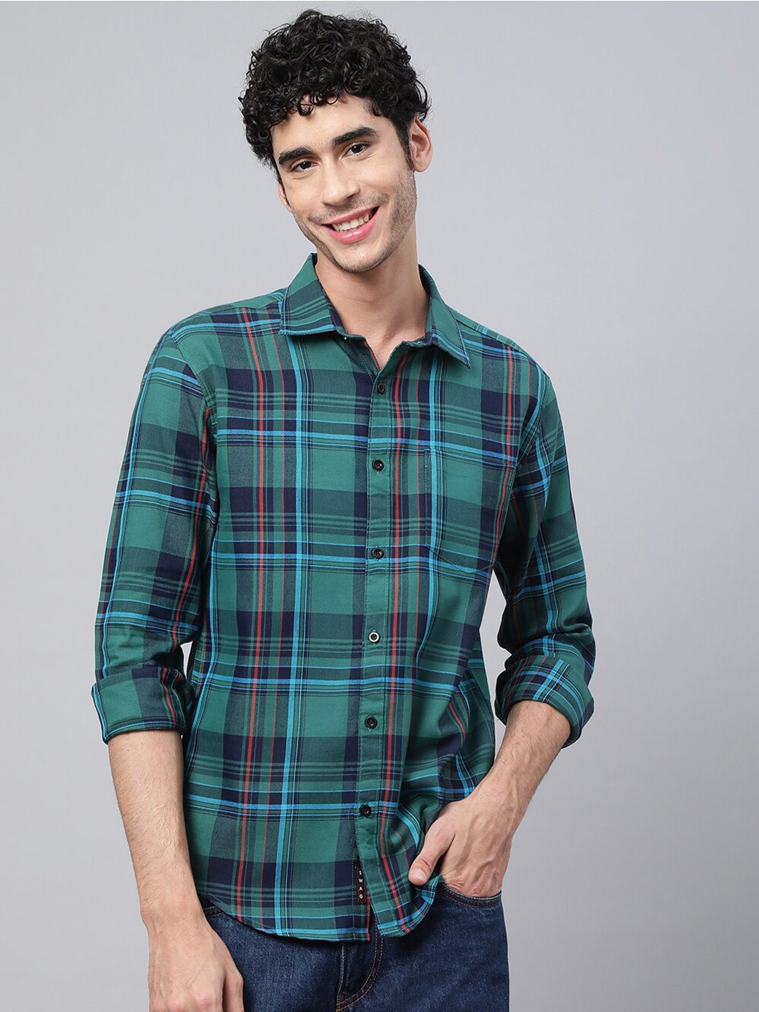 

VEIRDO Men Tartan Checked Casual Cotton Shirt, Blue