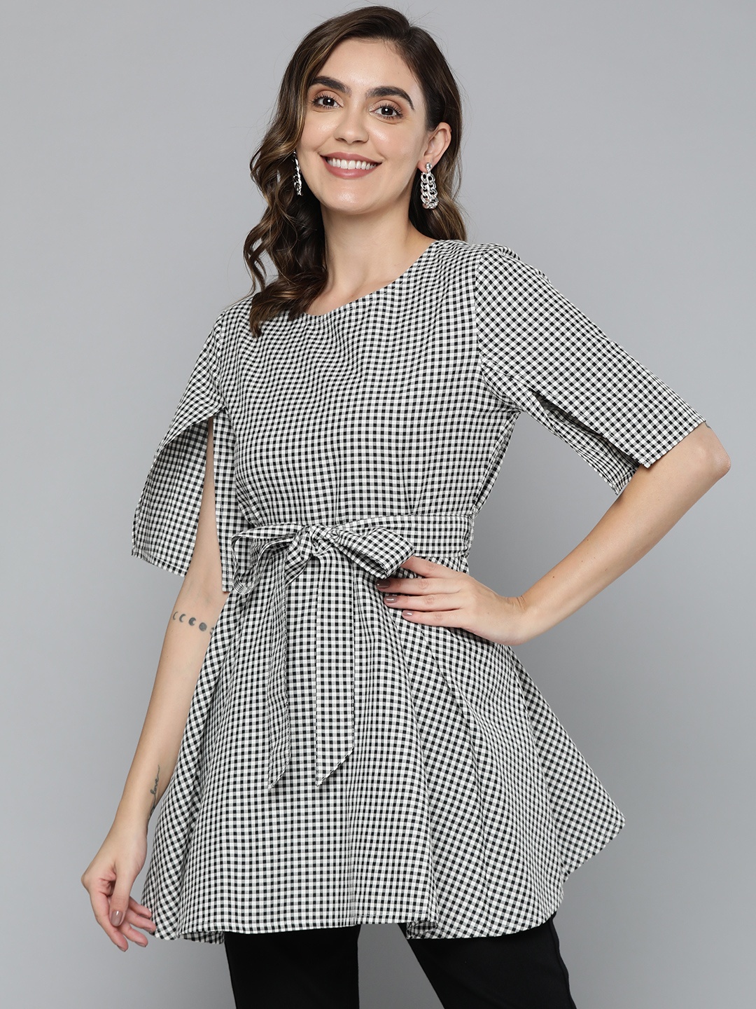 

HERE&NOW White & Black Checked Cinched Waist Pure Cotton Longline Top