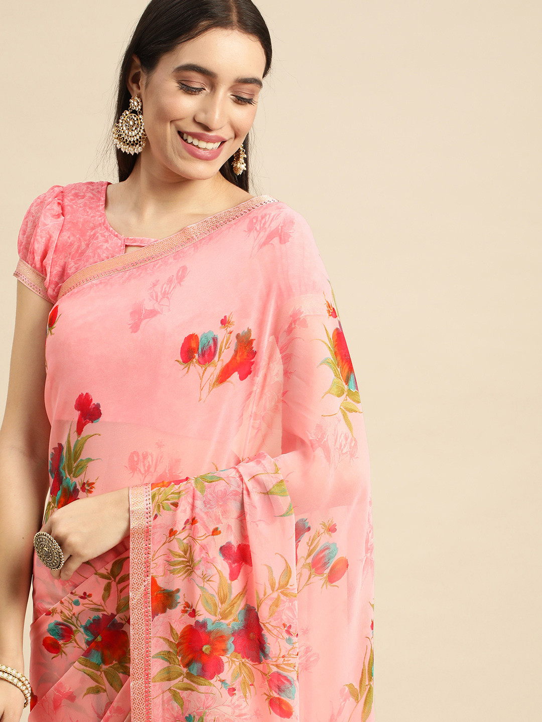 

Mitera Pink Floral Pure Georgette Saree