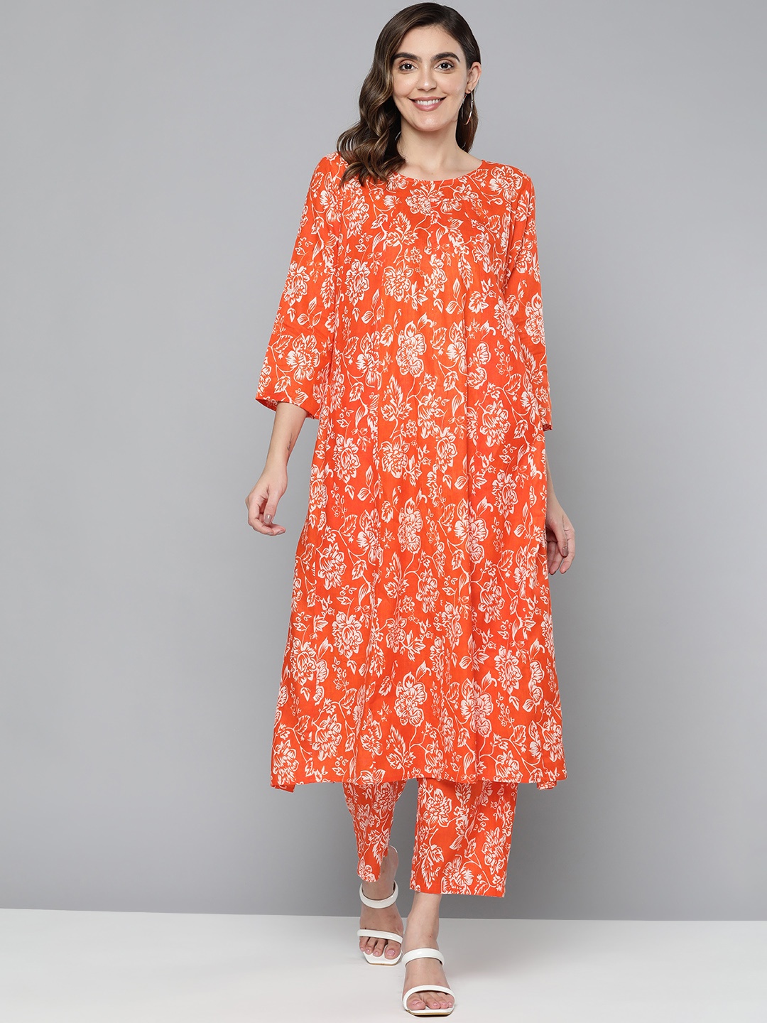 

HERE&NOW Women Orange Floral Printed Pure Cotton Kurta with Palazzos