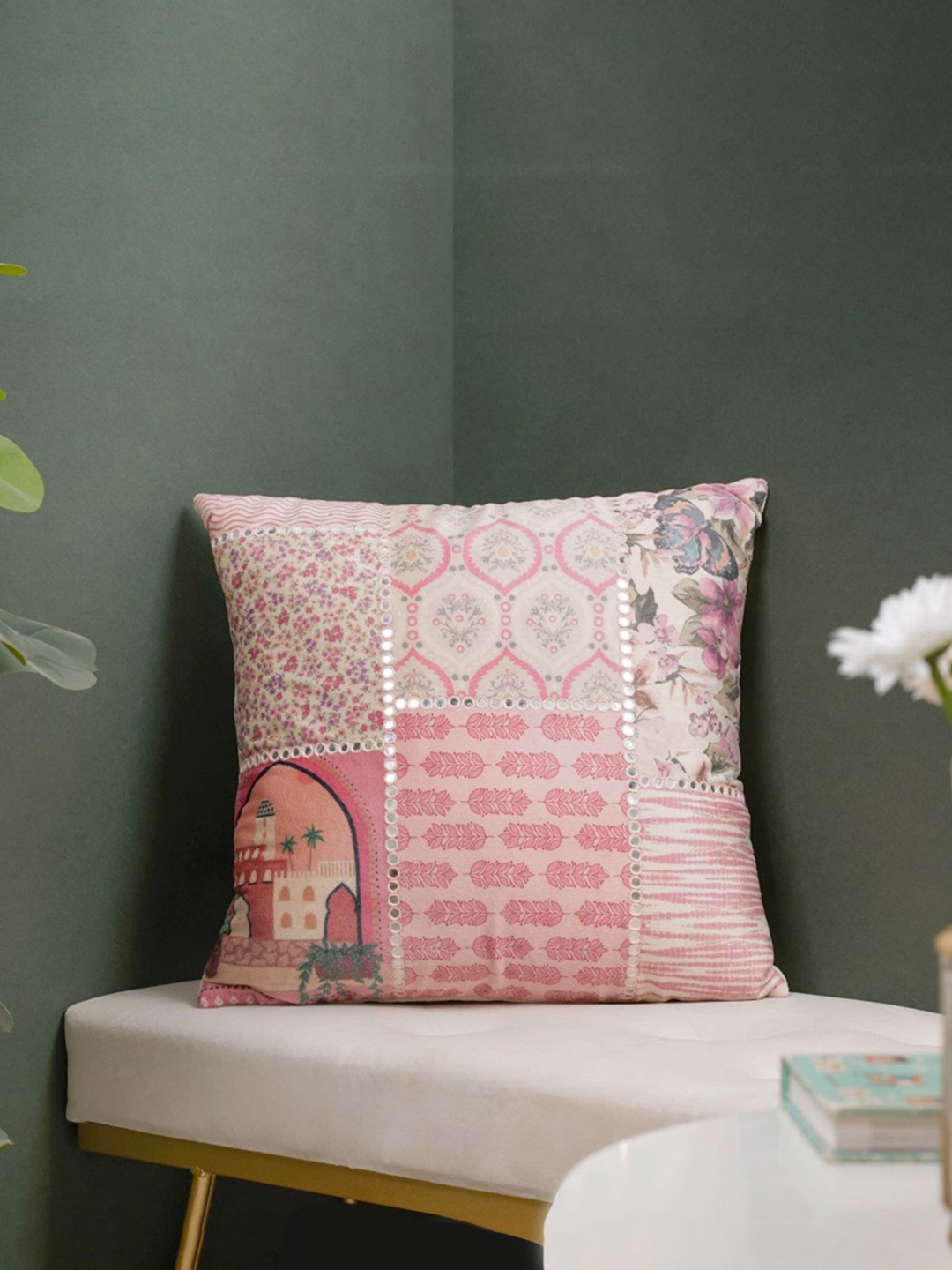 

Nestasia Pink Valencia Velvet Cushion Cover With Mirrorwork