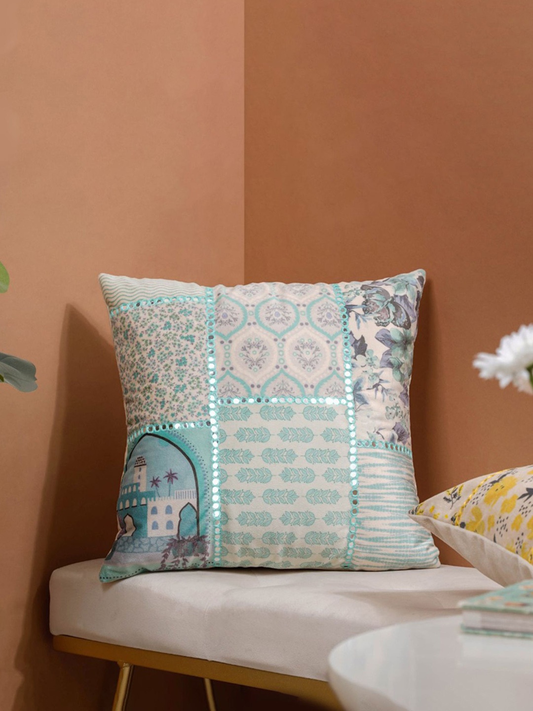 

Nestasia Turquoise Blue & White Ethnic Motifs Velvet Square Cushion Covers
