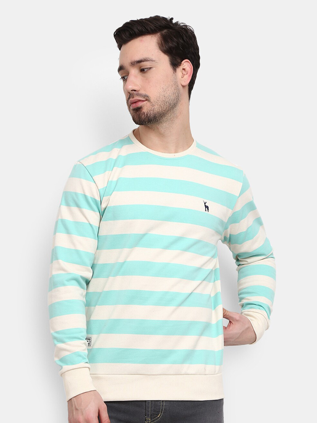 

V-Mart Men Sea Green Cotton Striped Sweatshirt