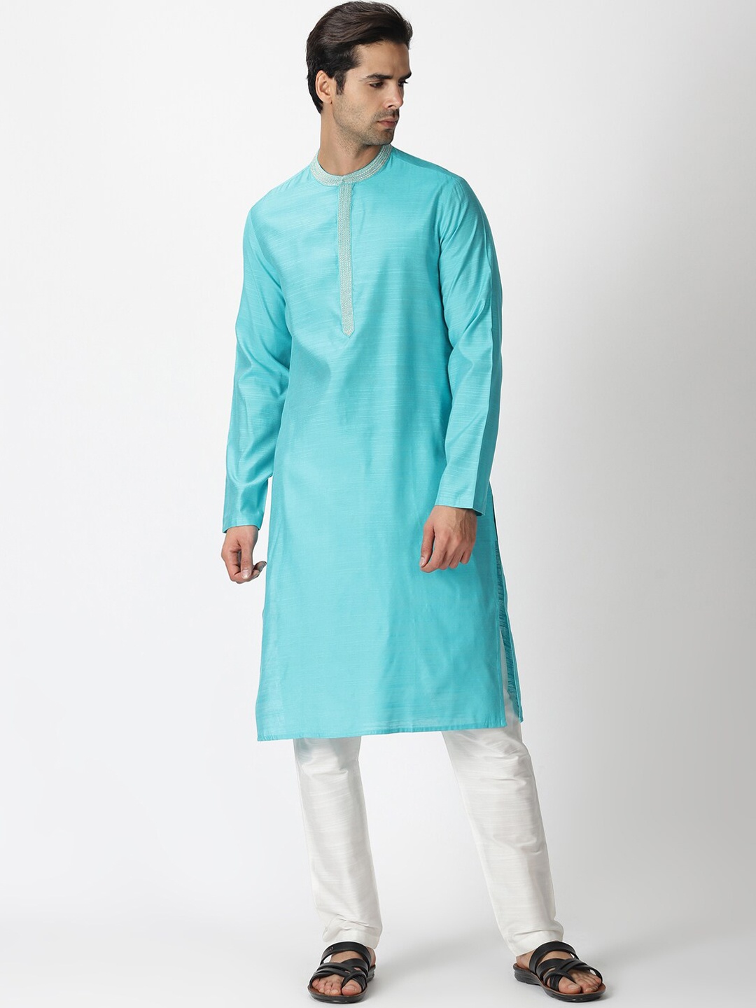 

Saffron Threads Men Turquoise Blue Art Silk Slub Kurta