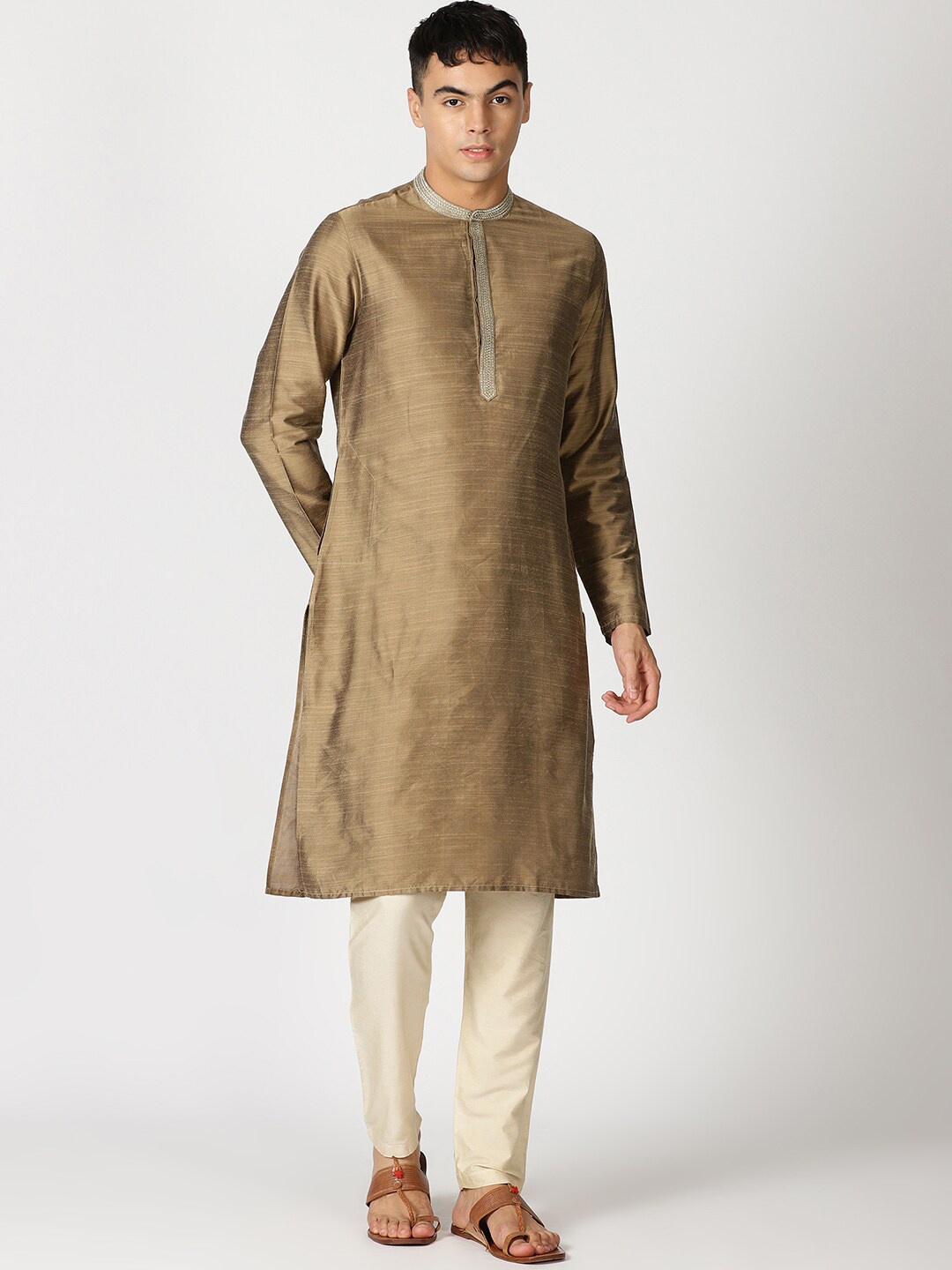 

Saffron Threads Men Gold Art Silk Slub Kurta