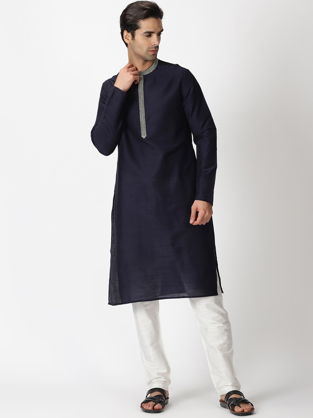 

Saffron Threads Men Navy Blue Art Silk Slub Kurta