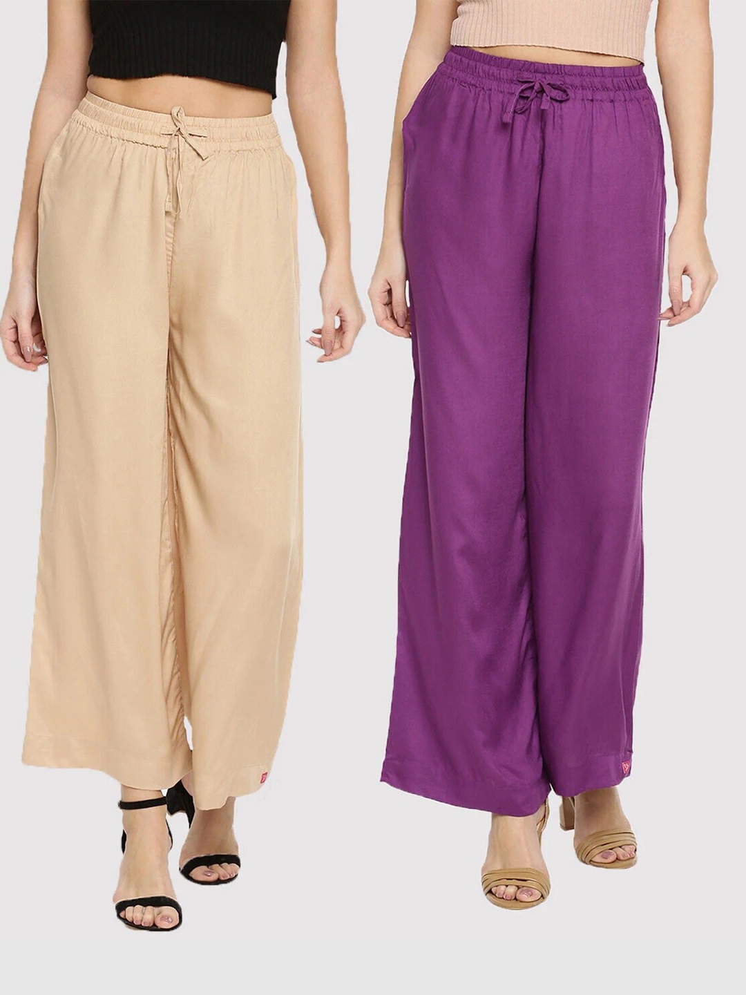 

TWIN BIRDS Women Pack of 2 Beige & Purple Palazzos
