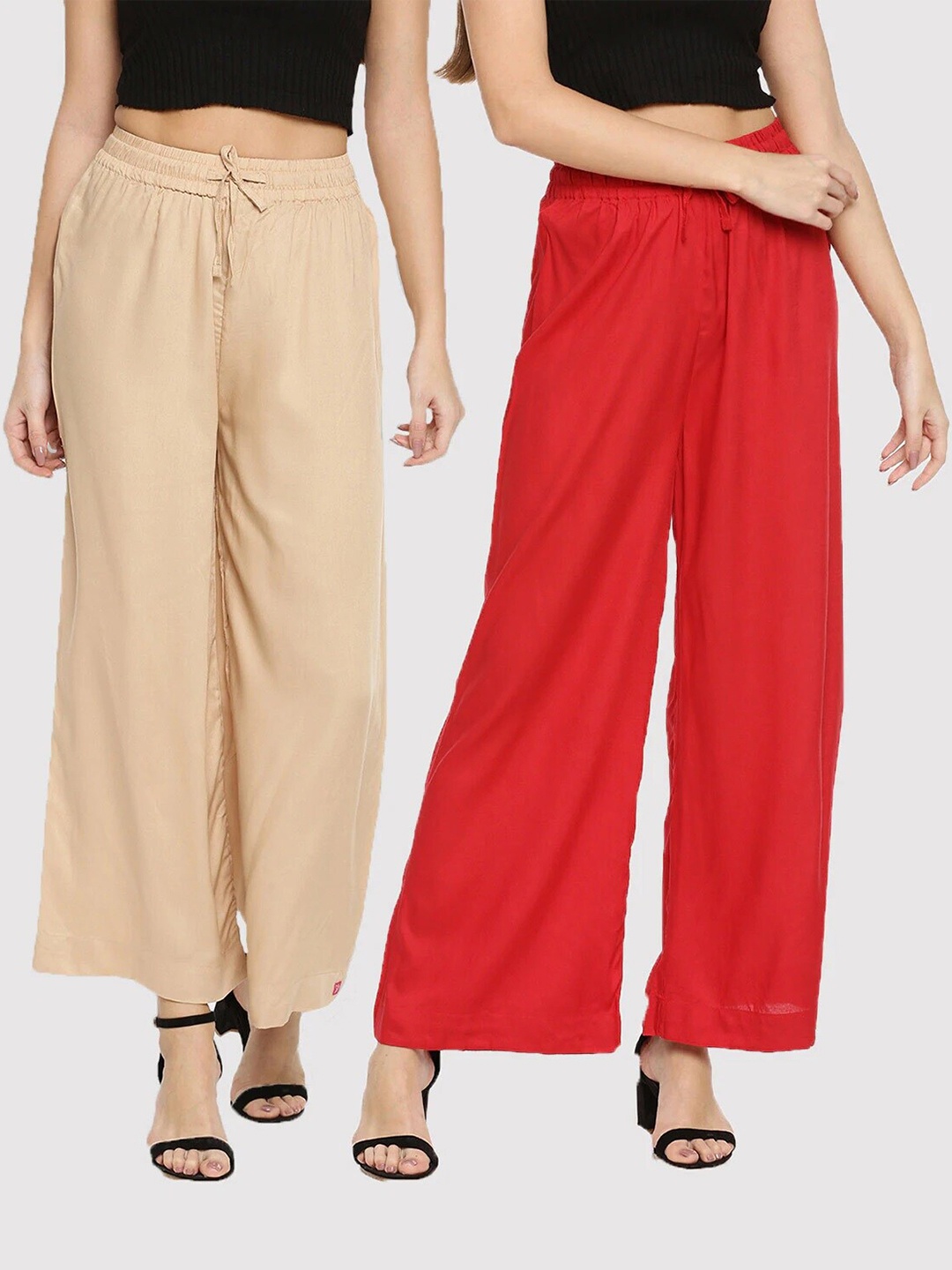 

TWIN BIRDS Women Pack of 2 Beige & Red Palazzos