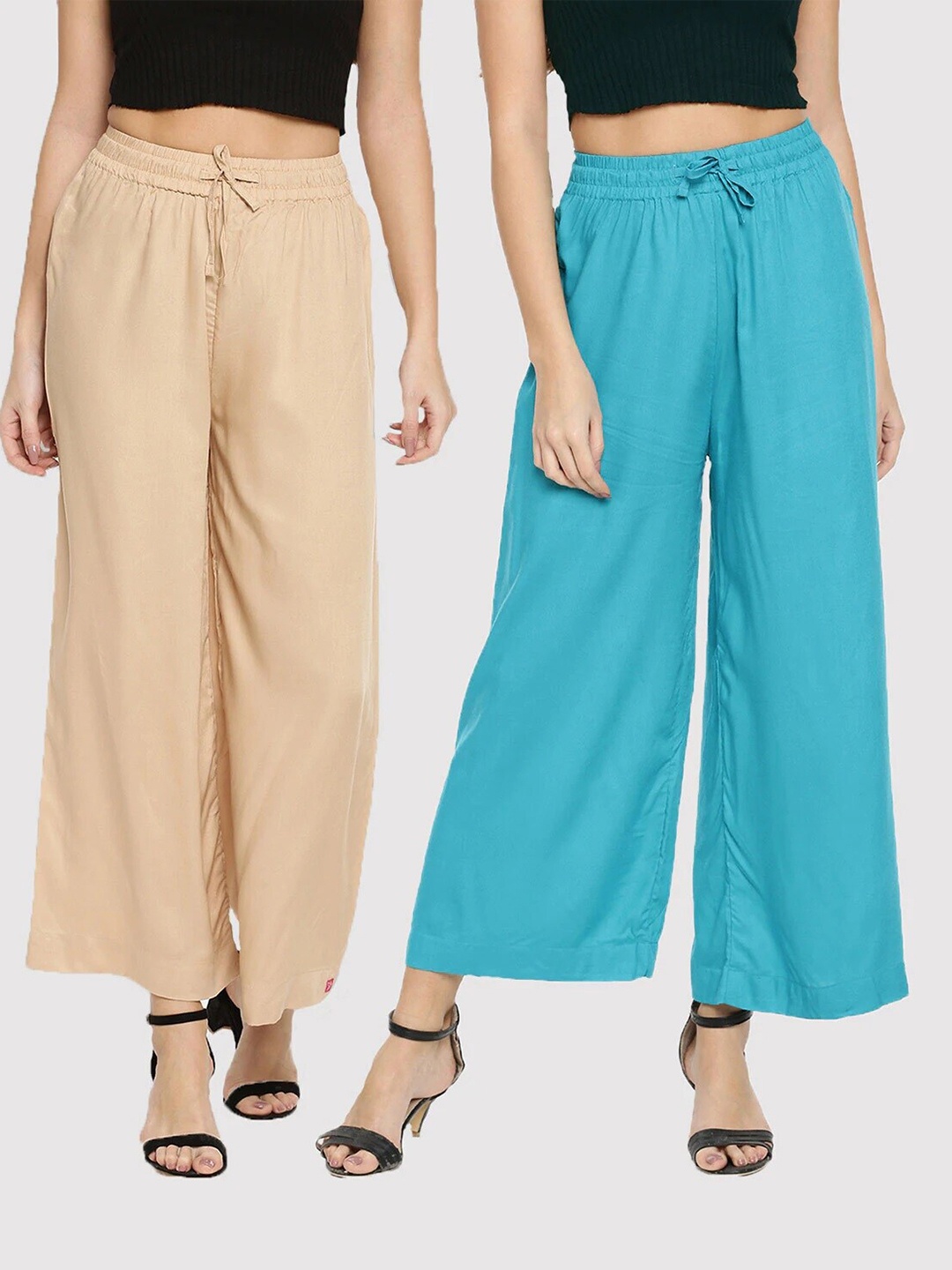 

TWIN BIRDS Women Pack of 2 Beige & Blue Palazzos