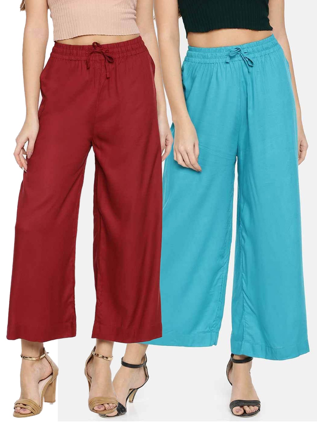 

TWIN BIRDS Women Pack of 2 Maroon & Turquoise Blue Palazzos