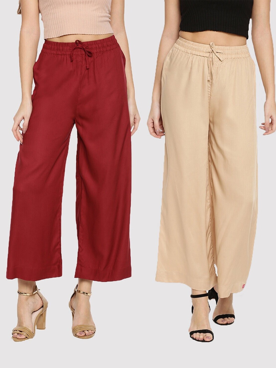 

TWIN BIRDS Women Pack of 2 Maroon & Beige Palazzos