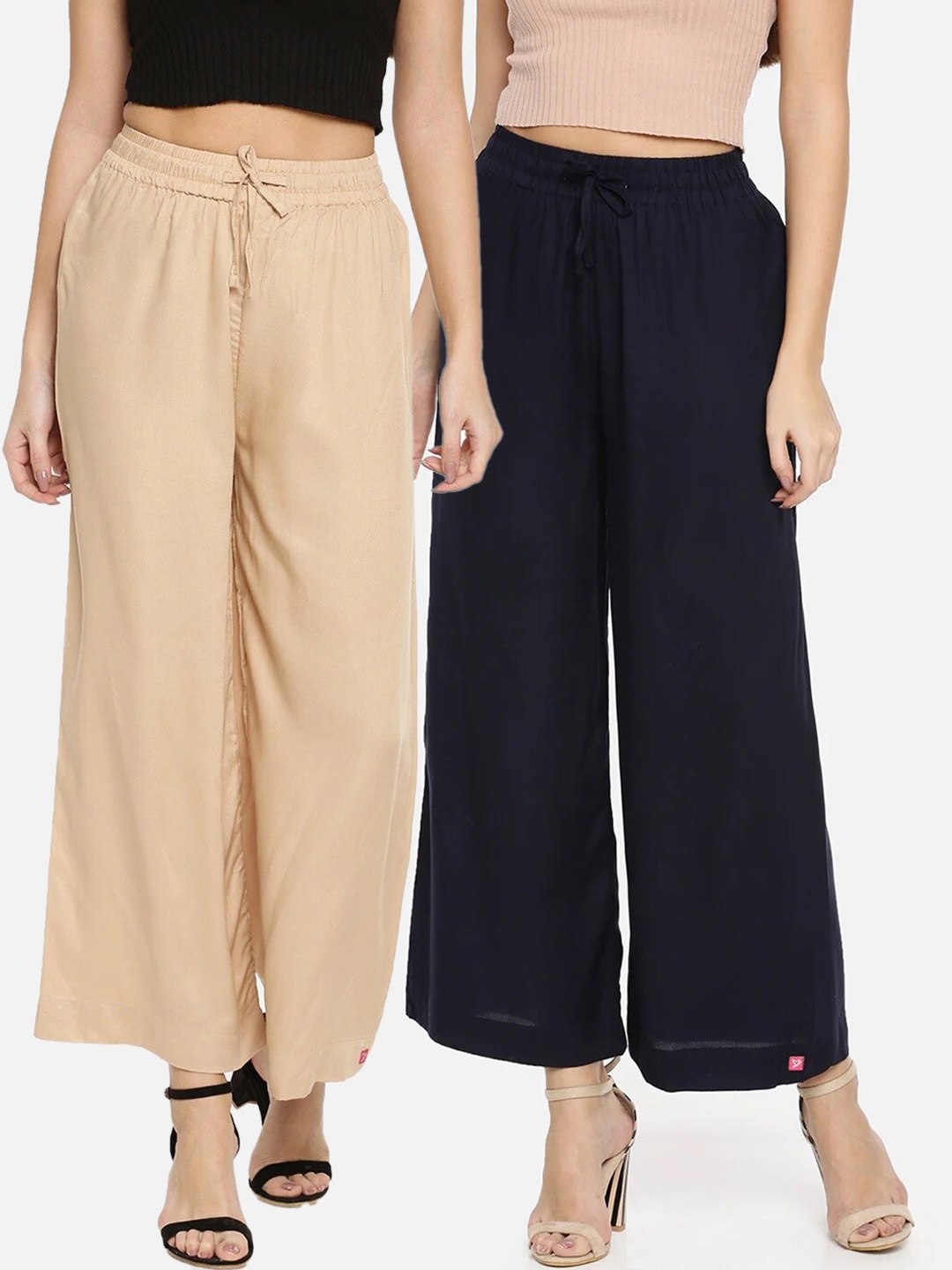 

TWIN BIRDS Women Set of 2 Beige & Navy Blue Palazzos