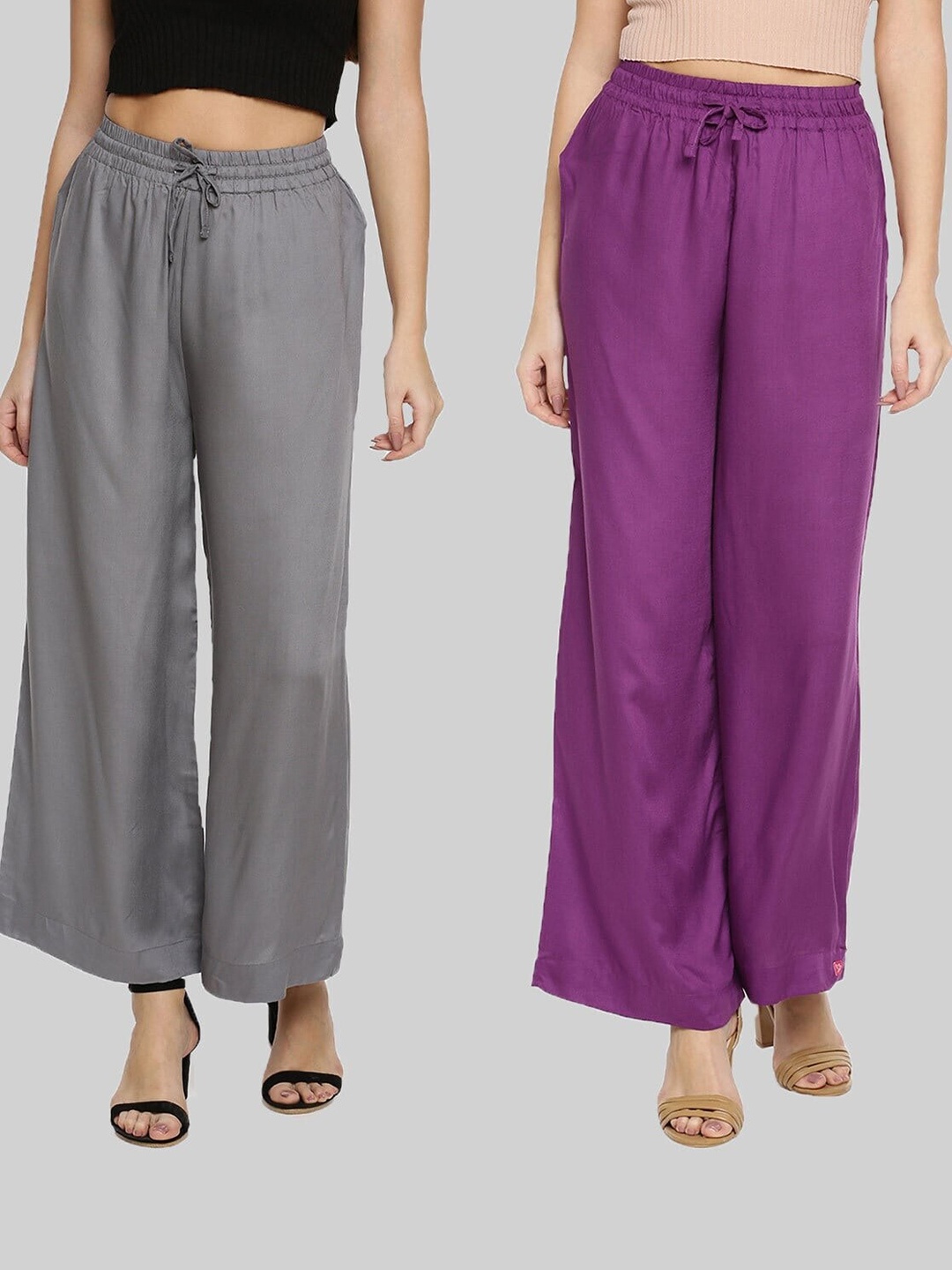 

TWIN BIRDS Women Pack of 2 Grey & Purple Palazzos