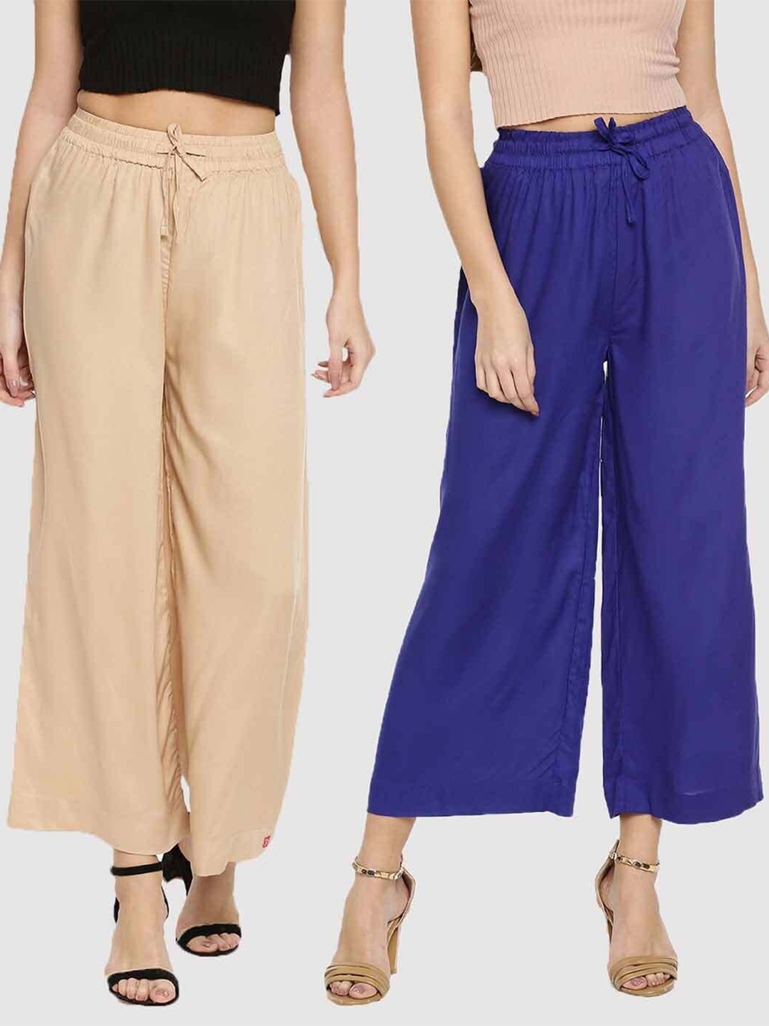

TWIN BIRDS Women Pack of 2 Beige & Blue Palazzos