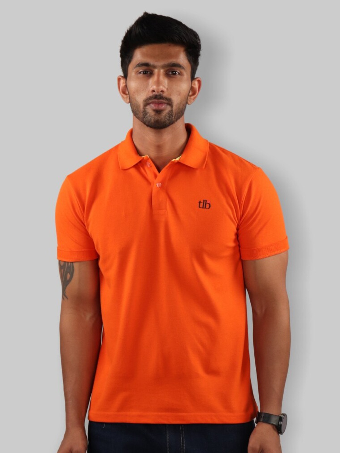 

The Label Bar Men Orange Cotton Polo Collar T-shirt