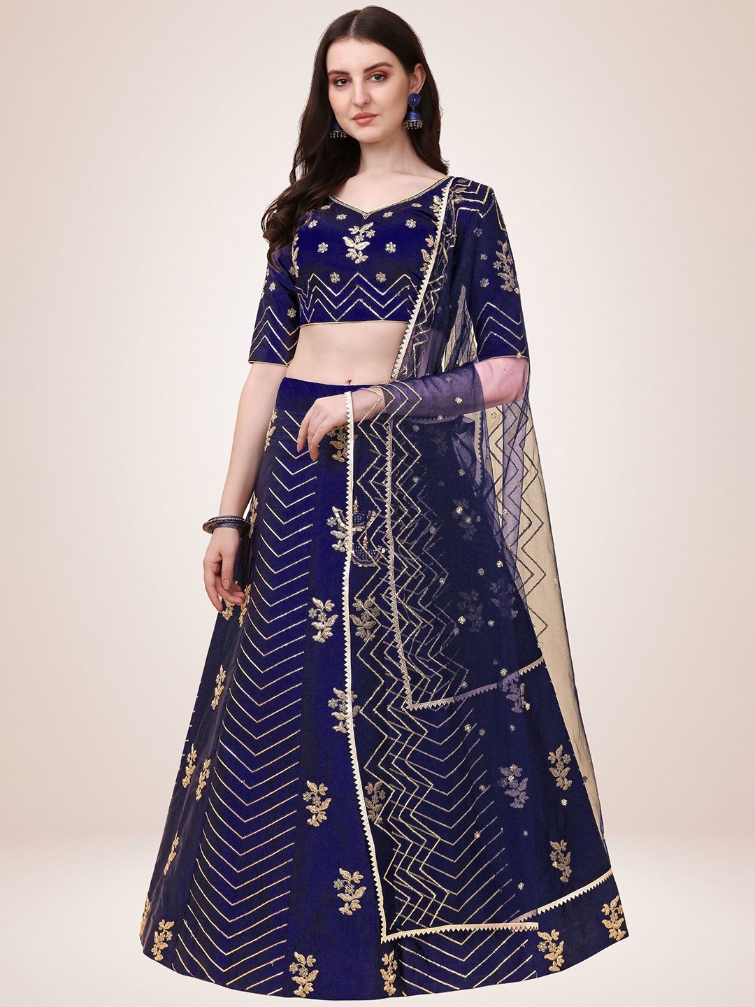 

Sarvayog Fashion Blue & Gold-Toned Embroidered Semi-Stitched Lehenga & Unstitched Blouse With Dupatta
