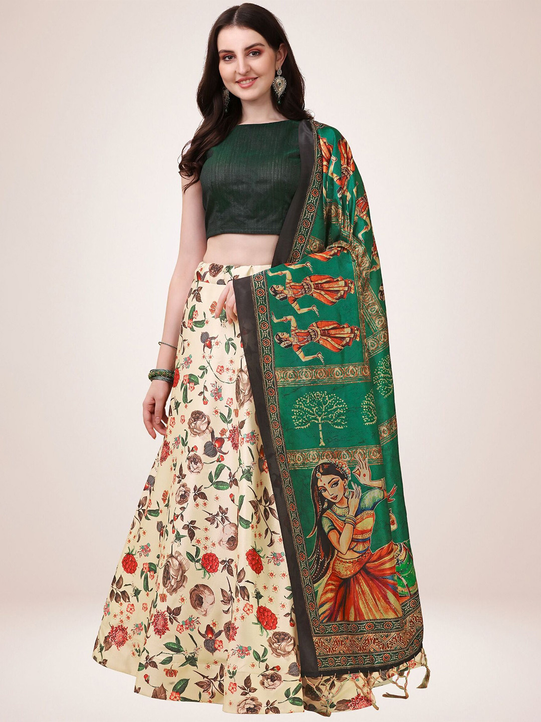 

Sarvayog Fashion Beige & Green Semi-Stitched Lehenga & Unstitched Blouse With Dupatta