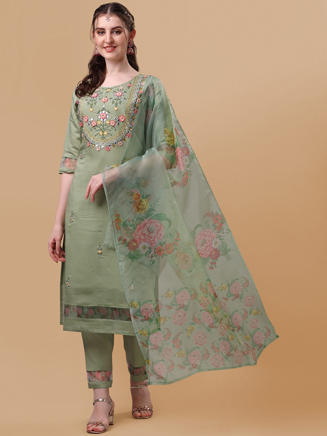 

Berrylicious Green Floral Embroidered Thread Work Chanderi Cotton Kurta with Trousers & Dupatta