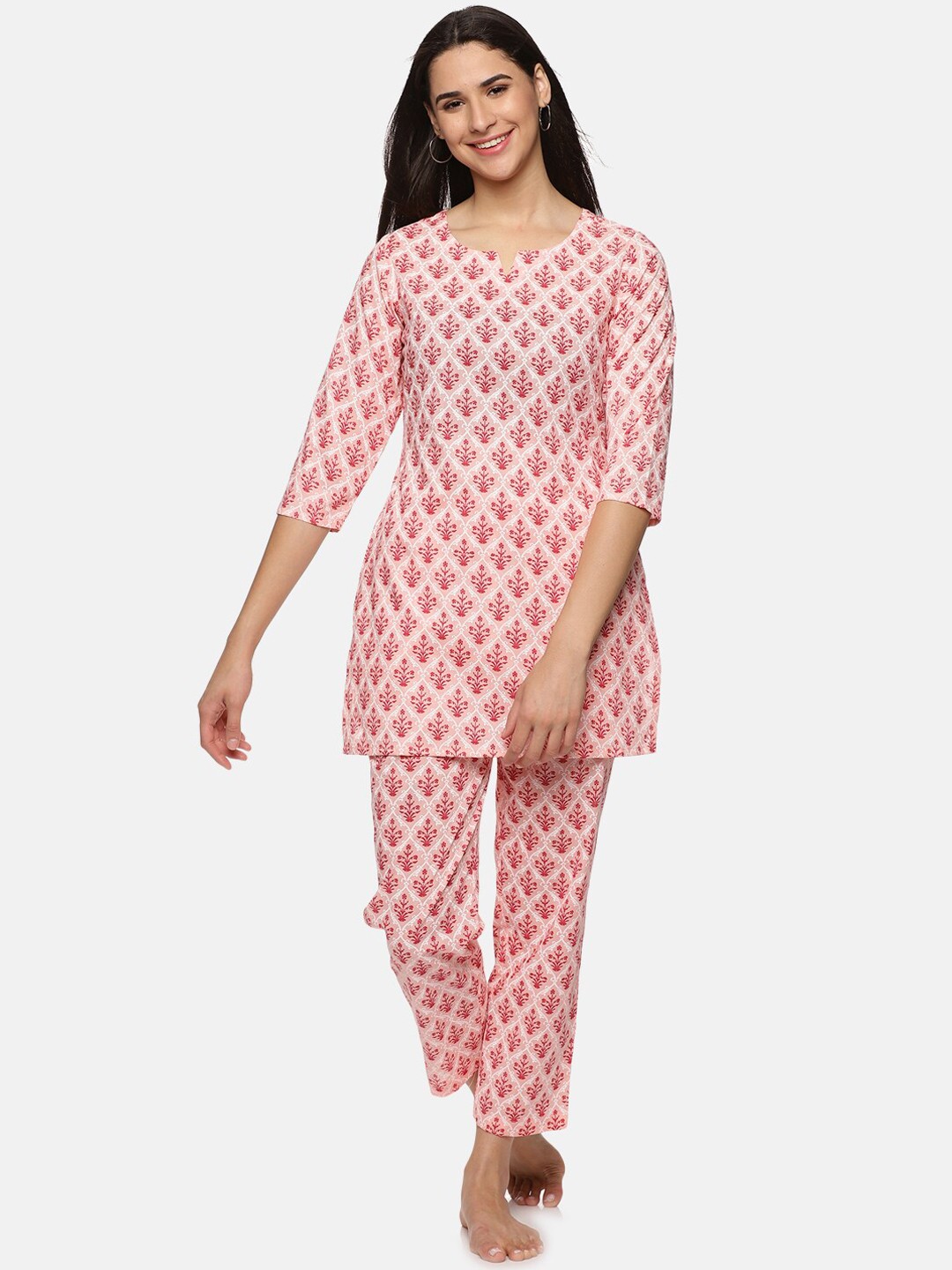 

Palakh Women Peach-Coloured & White Printed Pure Cotton Night suit