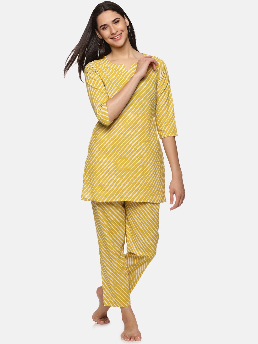 

Palakh Women Yellow & White Printed Pure Cotton Night suit