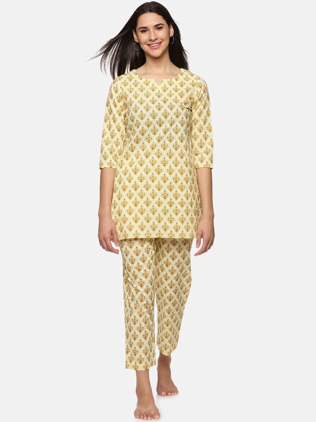 

Palakh Women Mustard & White Printed Pure Cotton Night suit