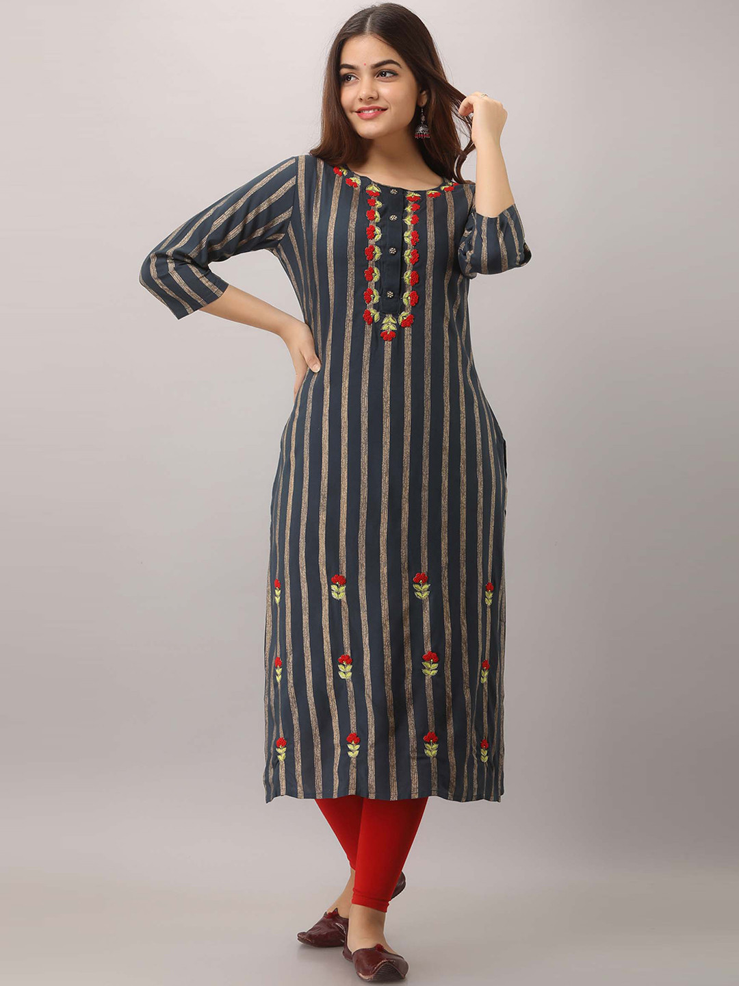 

KALINI Striped Thread Work Straight Kurta, Green