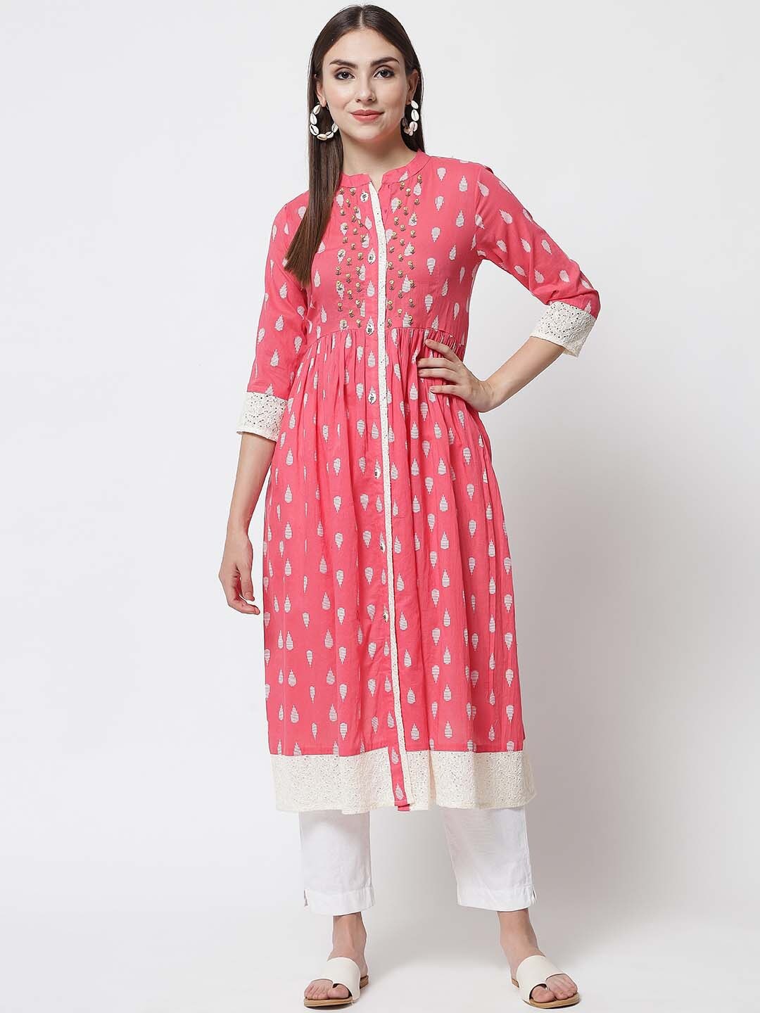 

KALINI Pink Ethnic Motifs Anarkali Pure Cotton Kurta