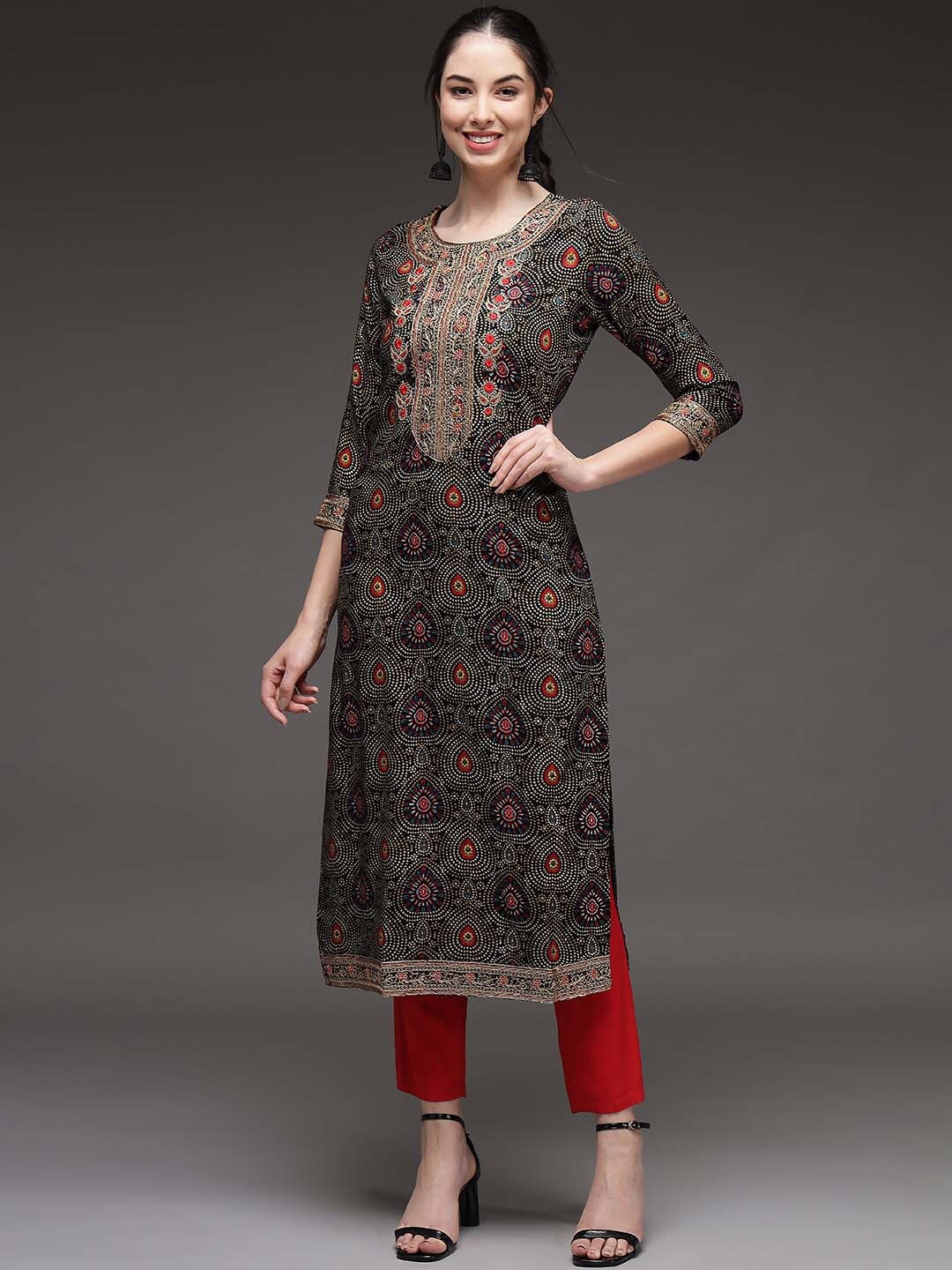 

KALINI Women Black Ethnic Motifs Printed Thread Work Kurta