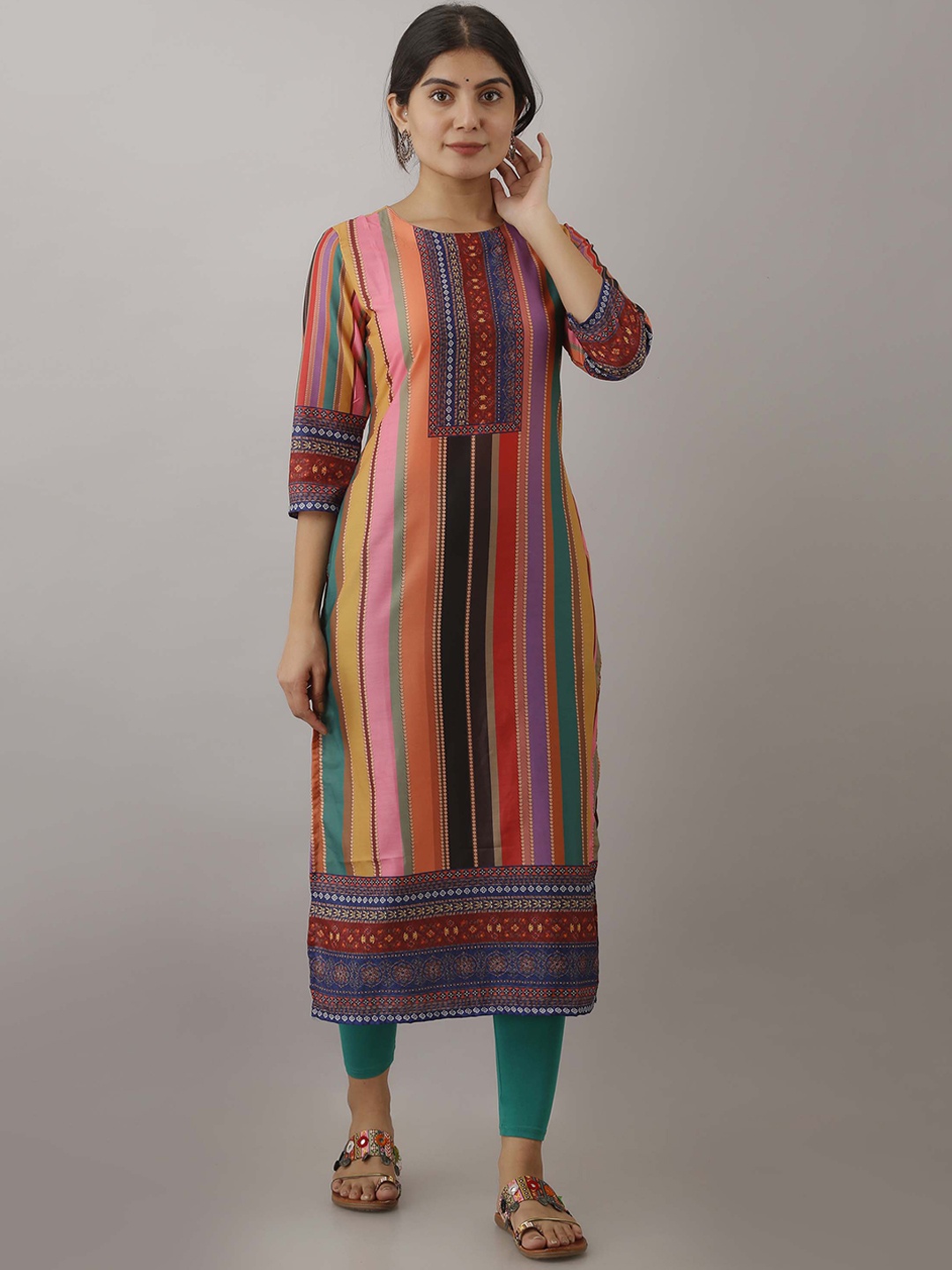 

KALINI Round Neck Ethnic Motifs Striped Kurta, Orange