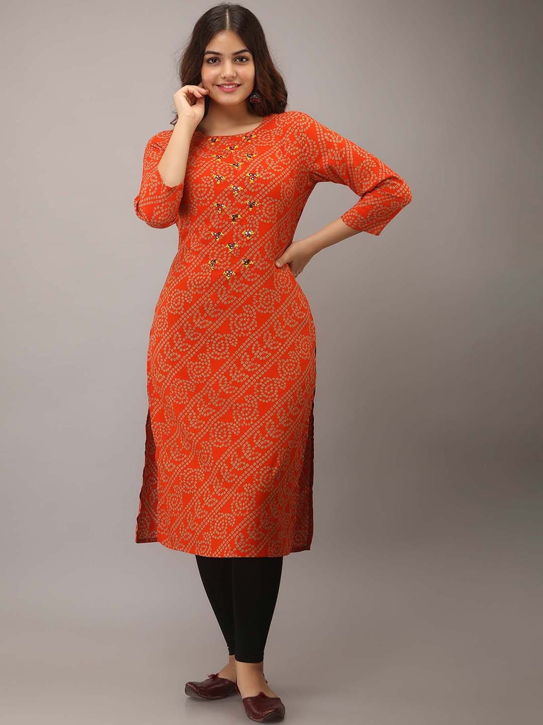 

KALINI Orange Bandhani Thread Work Kurta
