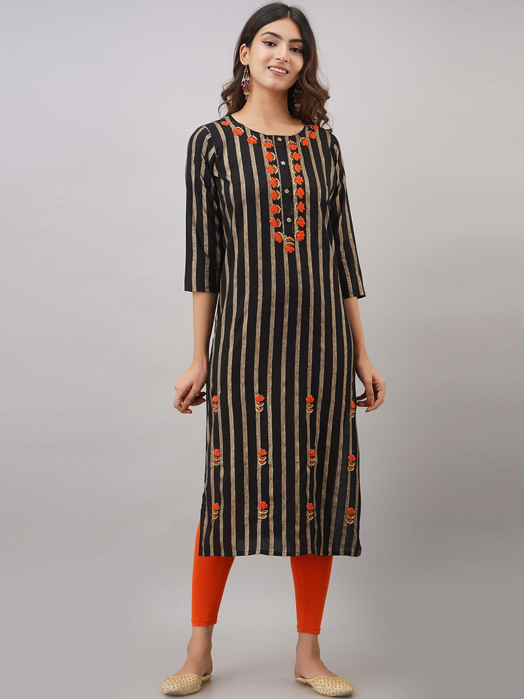 

KALINI Black Striped Thread Work Kurta
