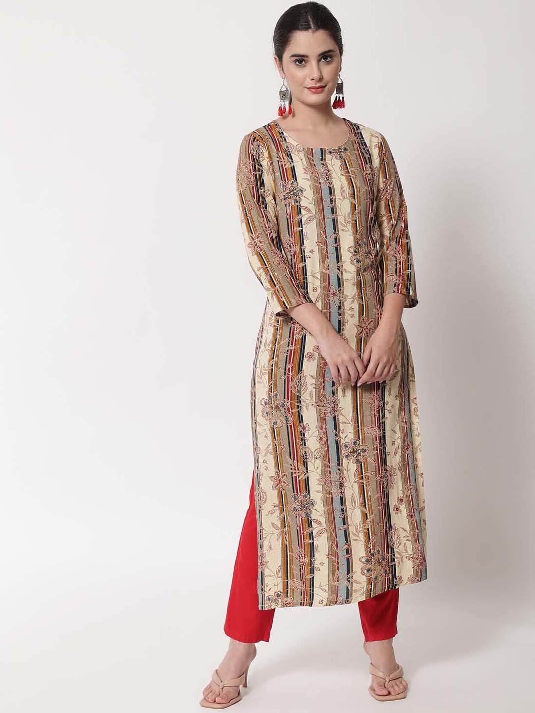 

KALINI Beige Floral Colourblocked Kurta