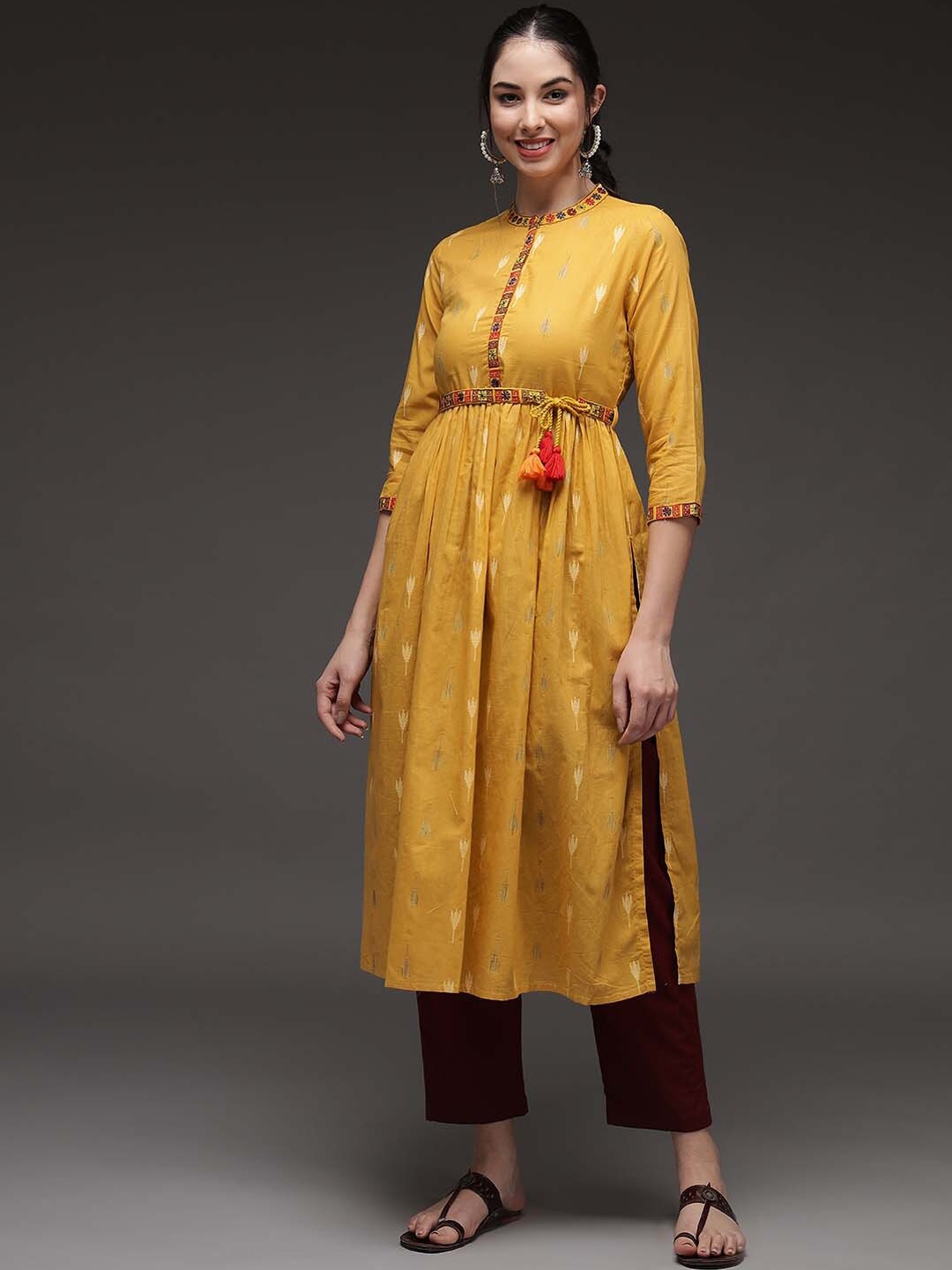 

KALINI Mustard Yellow Ethnic Motifs Cotton Kurta